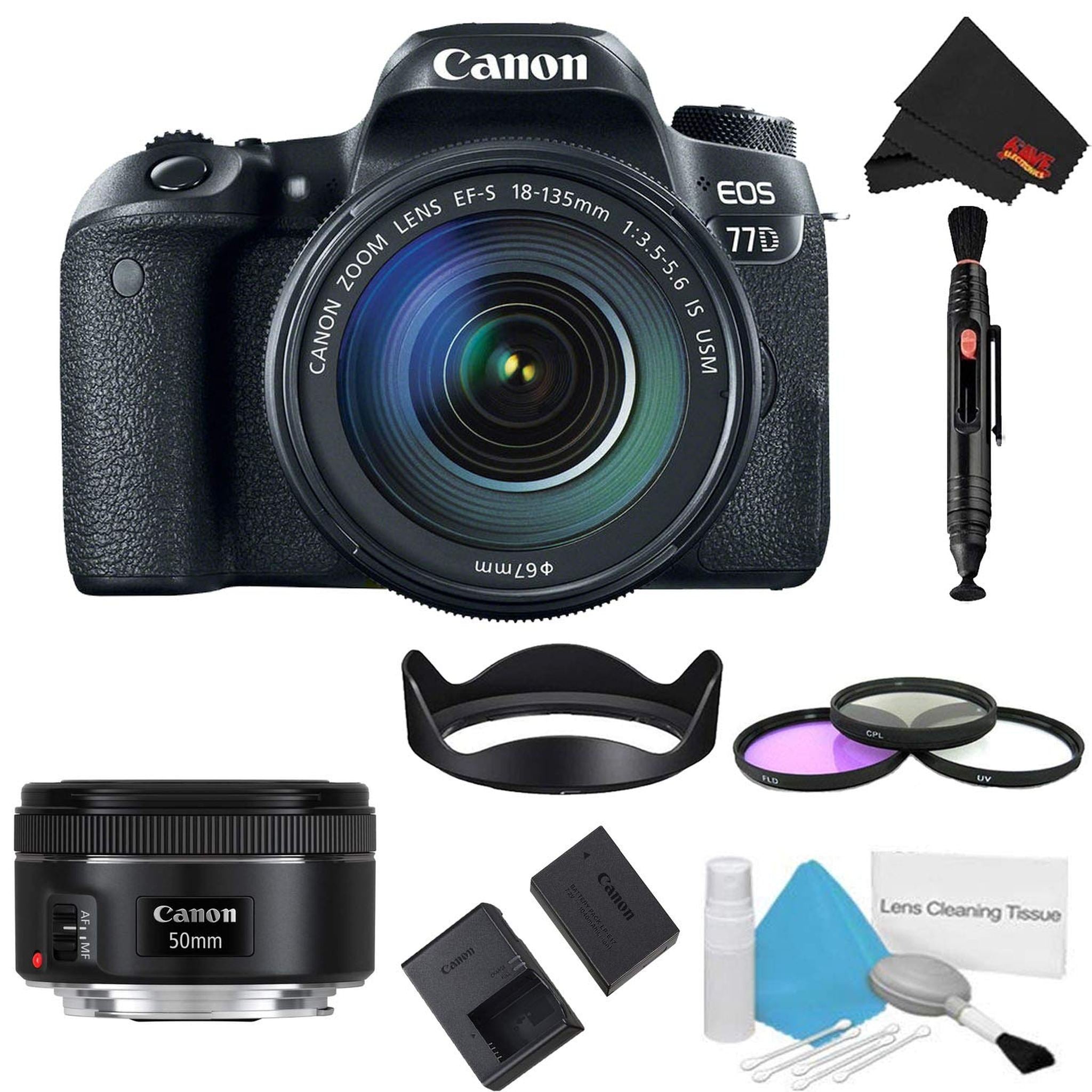 Canon EOS 77D DSLR Camera with 18-135mm Lens Bundle w/ 3 Piece Filter Kit + Bonus 50mm Lens International Model - Used Canon