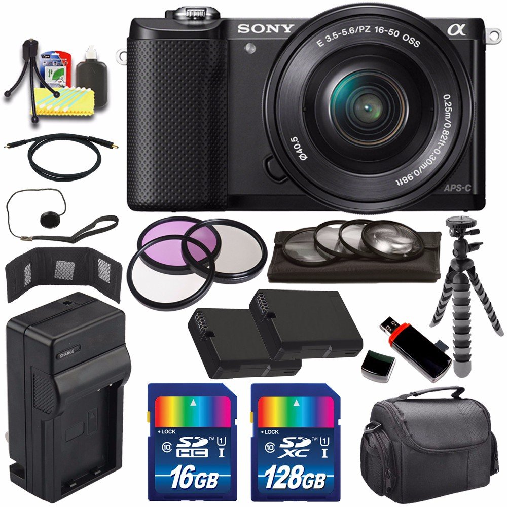 Sony Alpha a5000 Mirrorless Digital Camera with 16-50mm Lens (Black) + Battery + Charger + 144GB Bundle 7 - Internationa