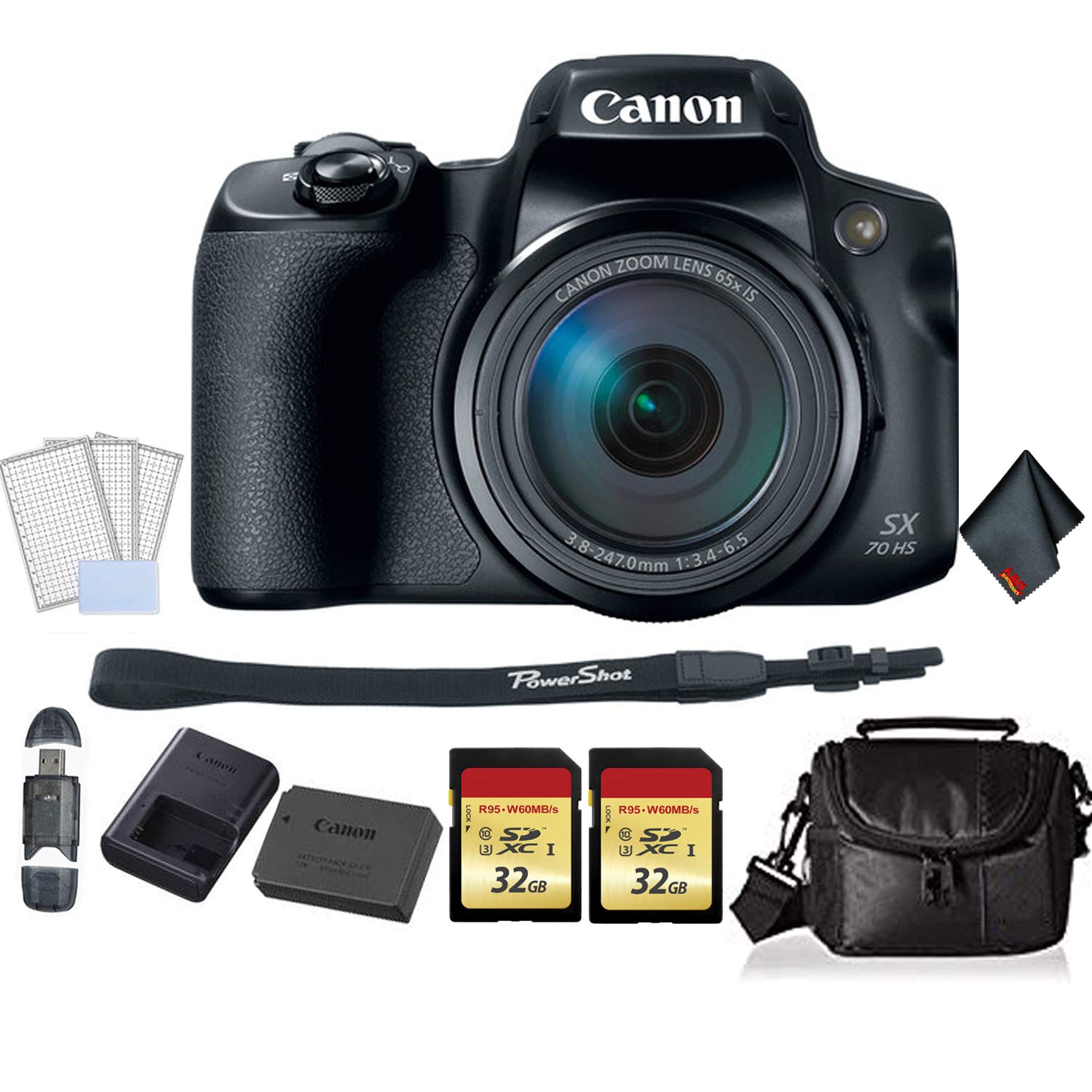 Canon PowerShot SX70 HS Digital Camera Bundle with 2X 32GB Memory Cards + SD Card USB Reader + LCD Screen Protectors and
