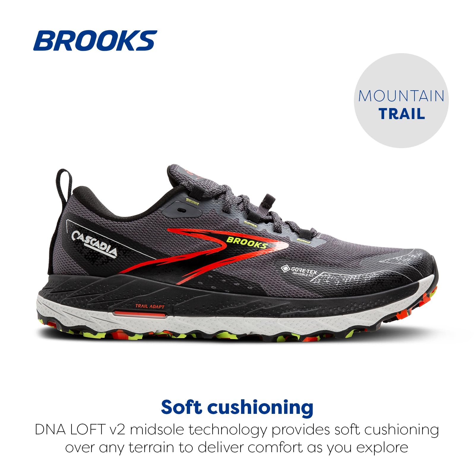 Brooks Men’s Cascadia 18 GTX Waterproof Mountain Trail Running Shoe - Blackened Pearl/Black/Tomato - 10 Medium