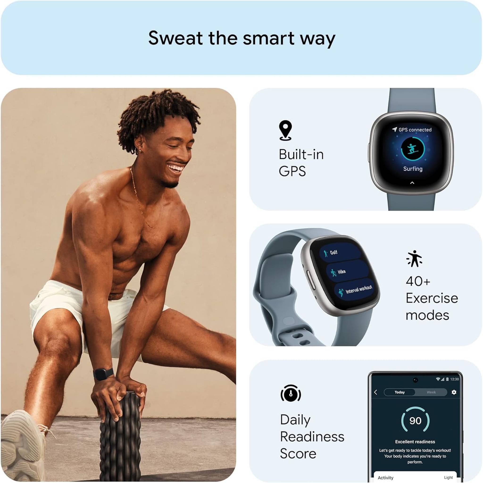 Fitbit Versa 4 Fitness Smartwatch with Daily Readiness, GPS, 24/7 Heart Rate, 40+ Exercise Modes, Sleep Tracking and more, Waterfall Blue/Platinum, One Size S & L Bands Included Fitbit