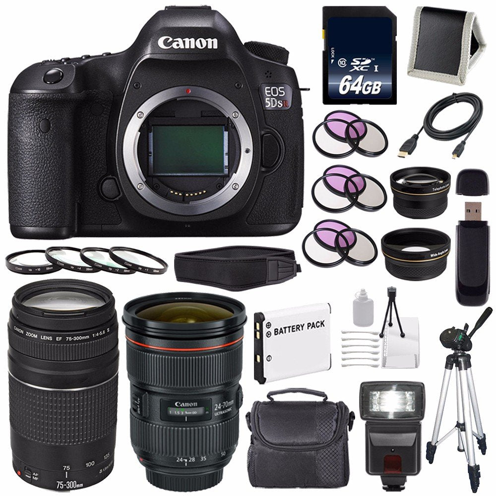 Canon EOS 5DS R DSLR Camera (International Model) 0582C002 + Canon EF 24-70mm f/2.8L II USM Lens + Canon EF 75-300 III+ LP-E6 Replacement Battery + 64GB SDXC Card Bundle