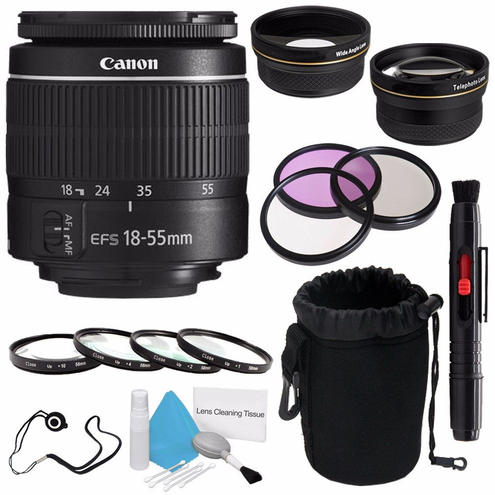 Canon EF-S 18-55mm f/3.5-5.6 III Lens (International Model) + 58mm Wide Angle Lenses + 58mm Macro Close Up Kit + 58mm 3