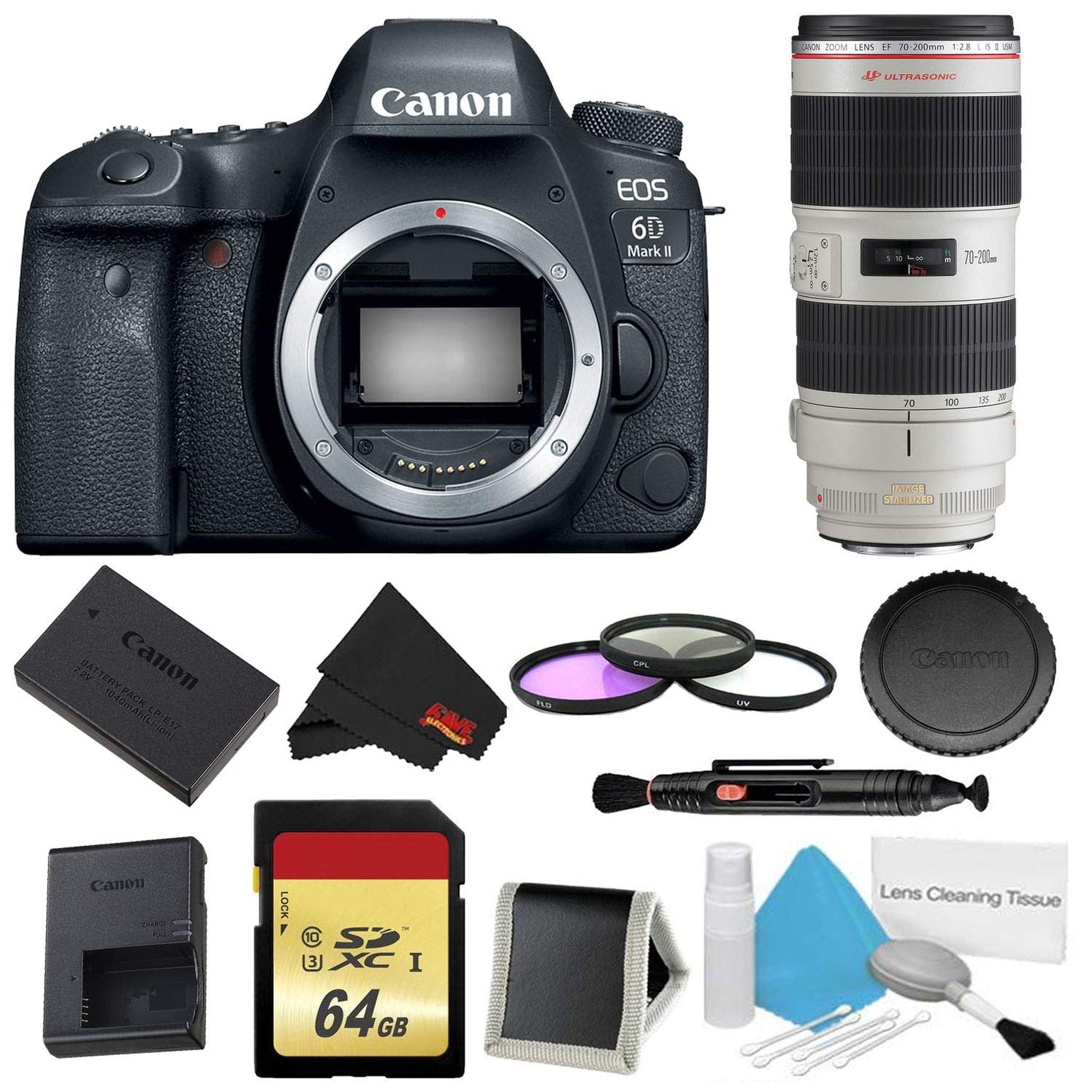 Canon EOS 6D Mark II DSLR Camera Body Only 3 Piece Filter w/Memory Bundle + Canon EF 70-200mm f/2.8L is II USM Lens -