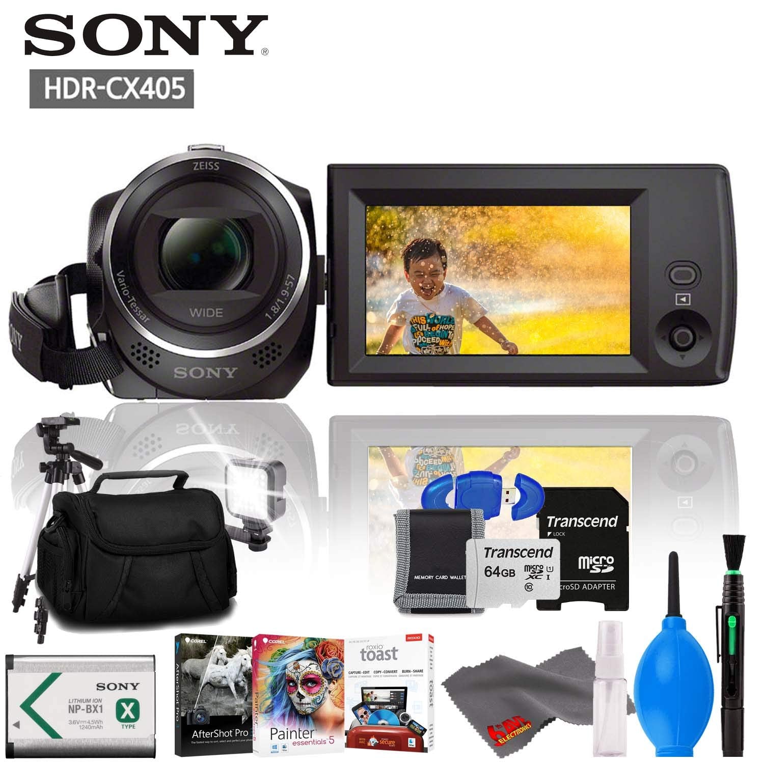 Sony HDR-CX405 HD Handycam with Memory Card Kit, Carrying Case, Tripod, LED Light, Editing Software and Cleaning Kit