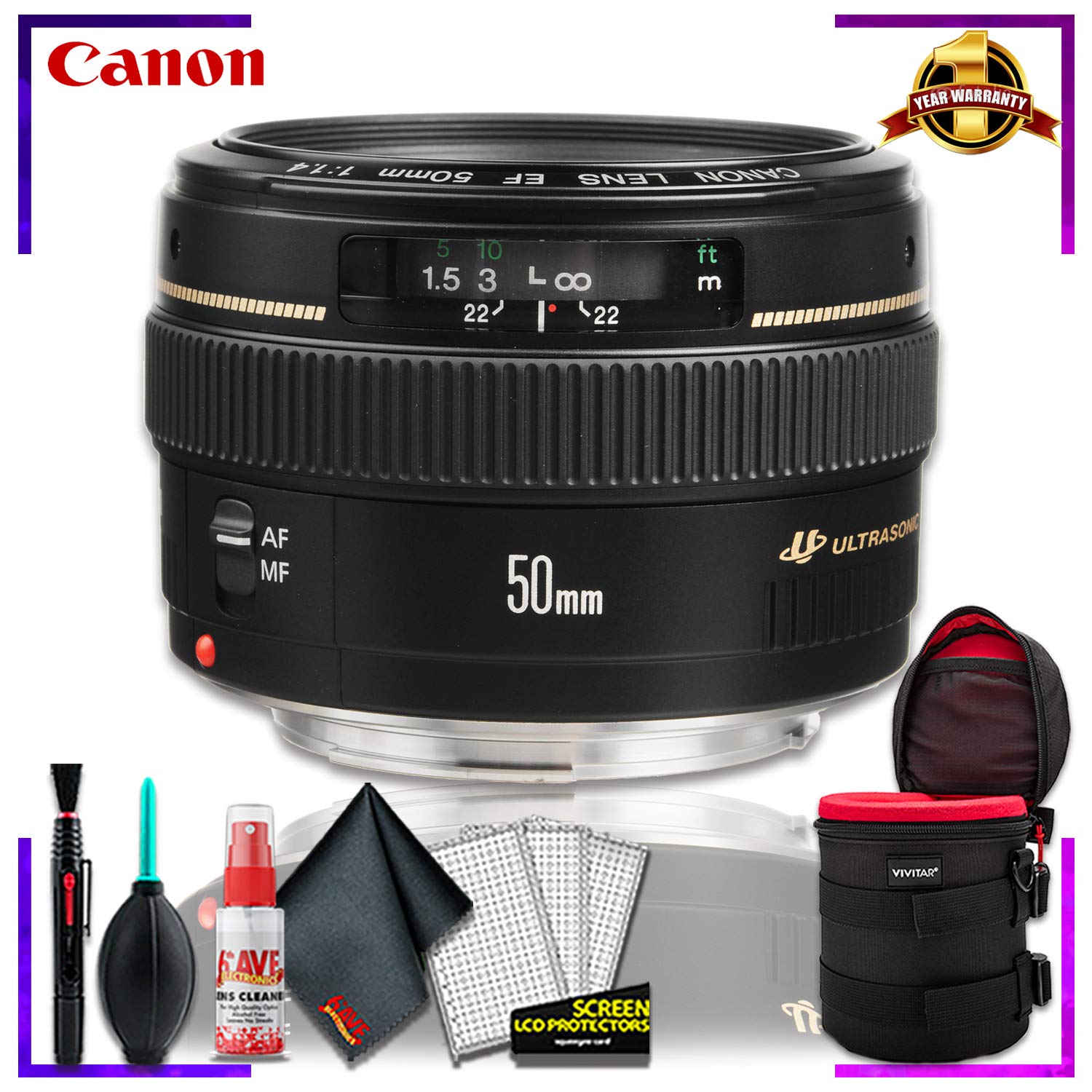 Canon EF 50 1.4 USM 58MM Lens + 4.5 inch Vivitar Premium Lens Case + Cleaning Kit