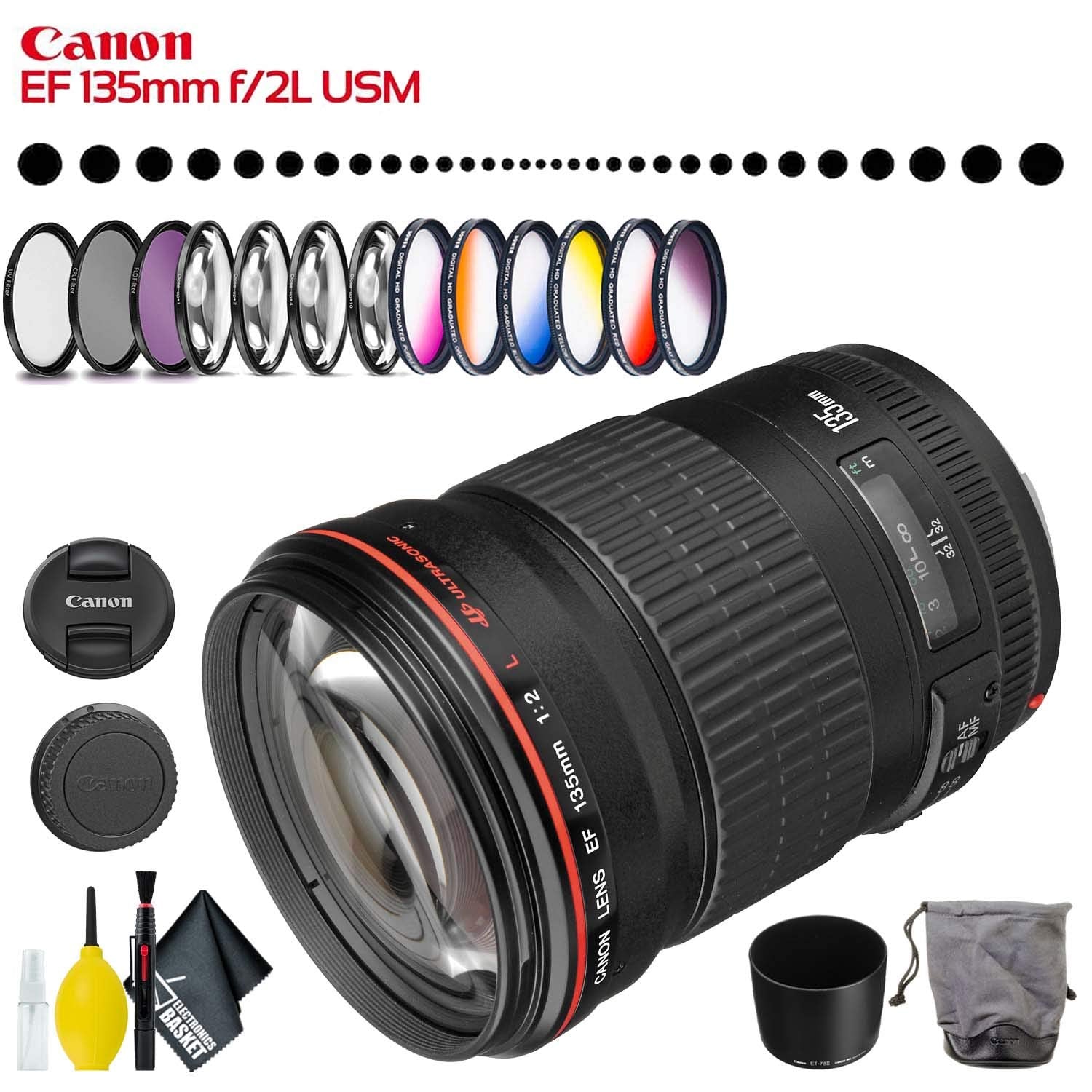 Canon EF 135mm f/2L USM Lens (Intl Model) with Filter Kit and Cleaning Kit