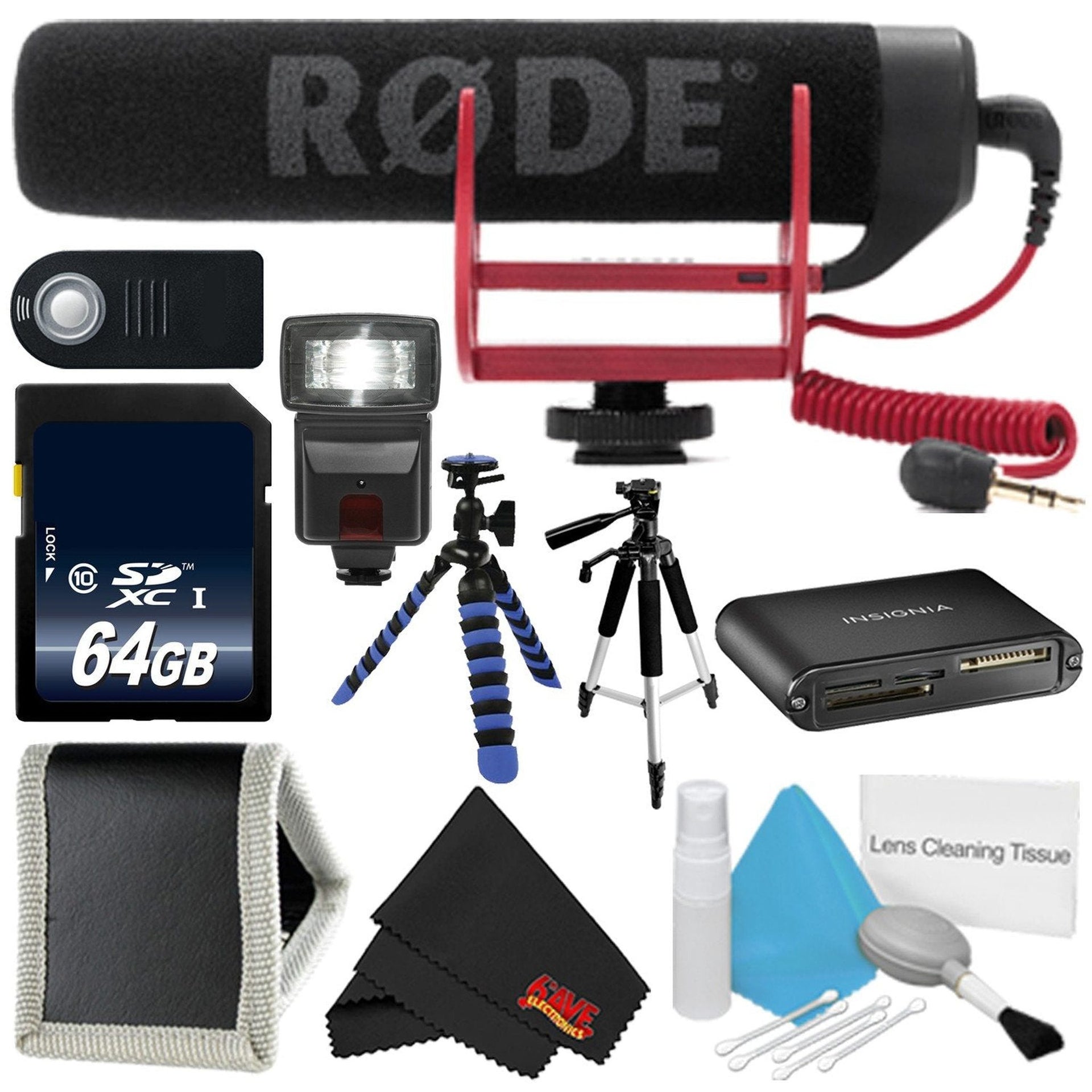Rode VideoMic GO VIDEOMIC-GO + 64GB Memory Card + Flexible Tripod with Gripping Rubber Legs + Full Size Tripod + Deluxe Cleaning Kit - Bundle