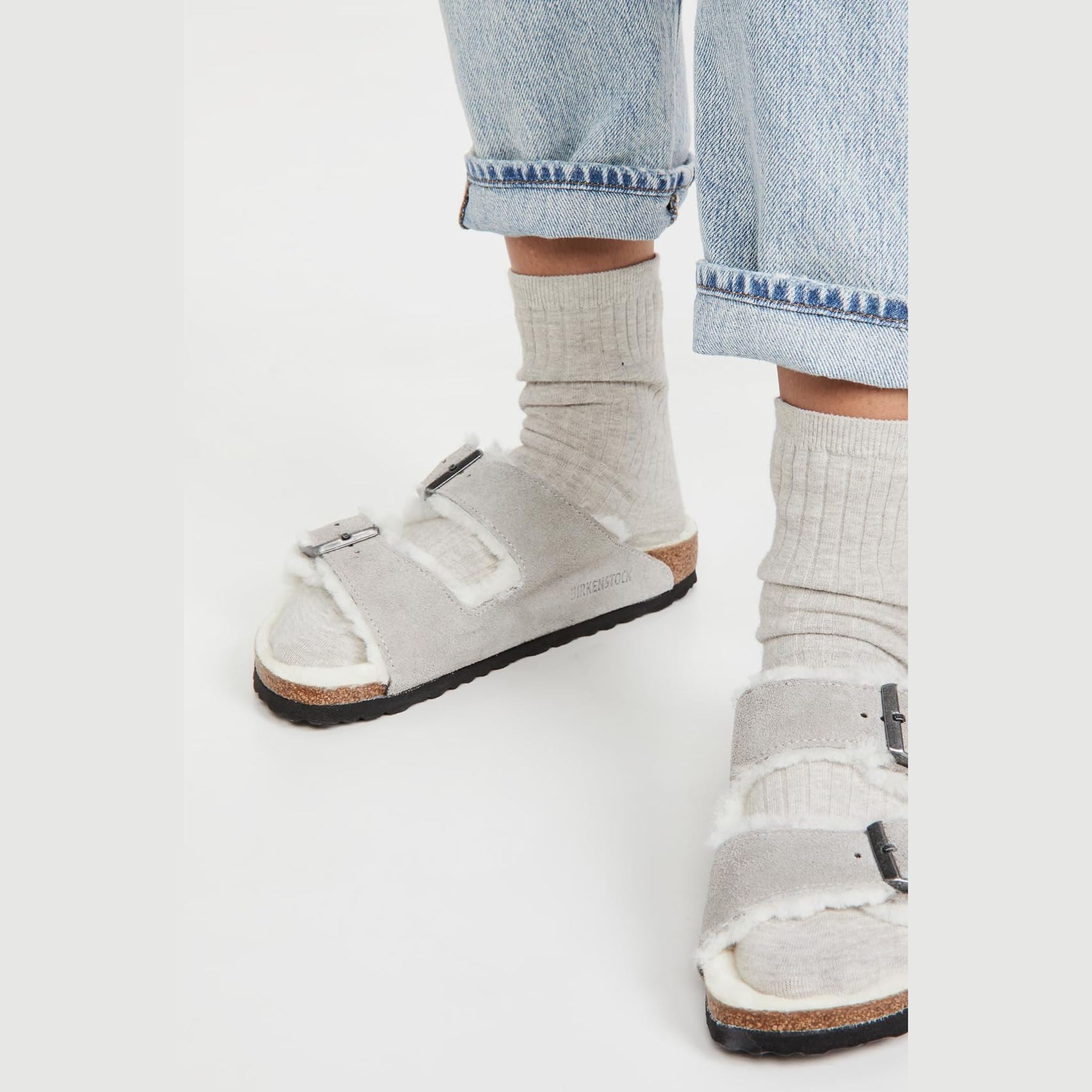 Birkenstock Women's Arizona Shearling Sandals, Stone Coin/Natural, Grey, 6 Narrow US