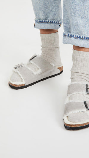 Birkenstock Women's Arizona Shearling Sandals, Stone Coin/Natural, Grey, 6 Narrow US