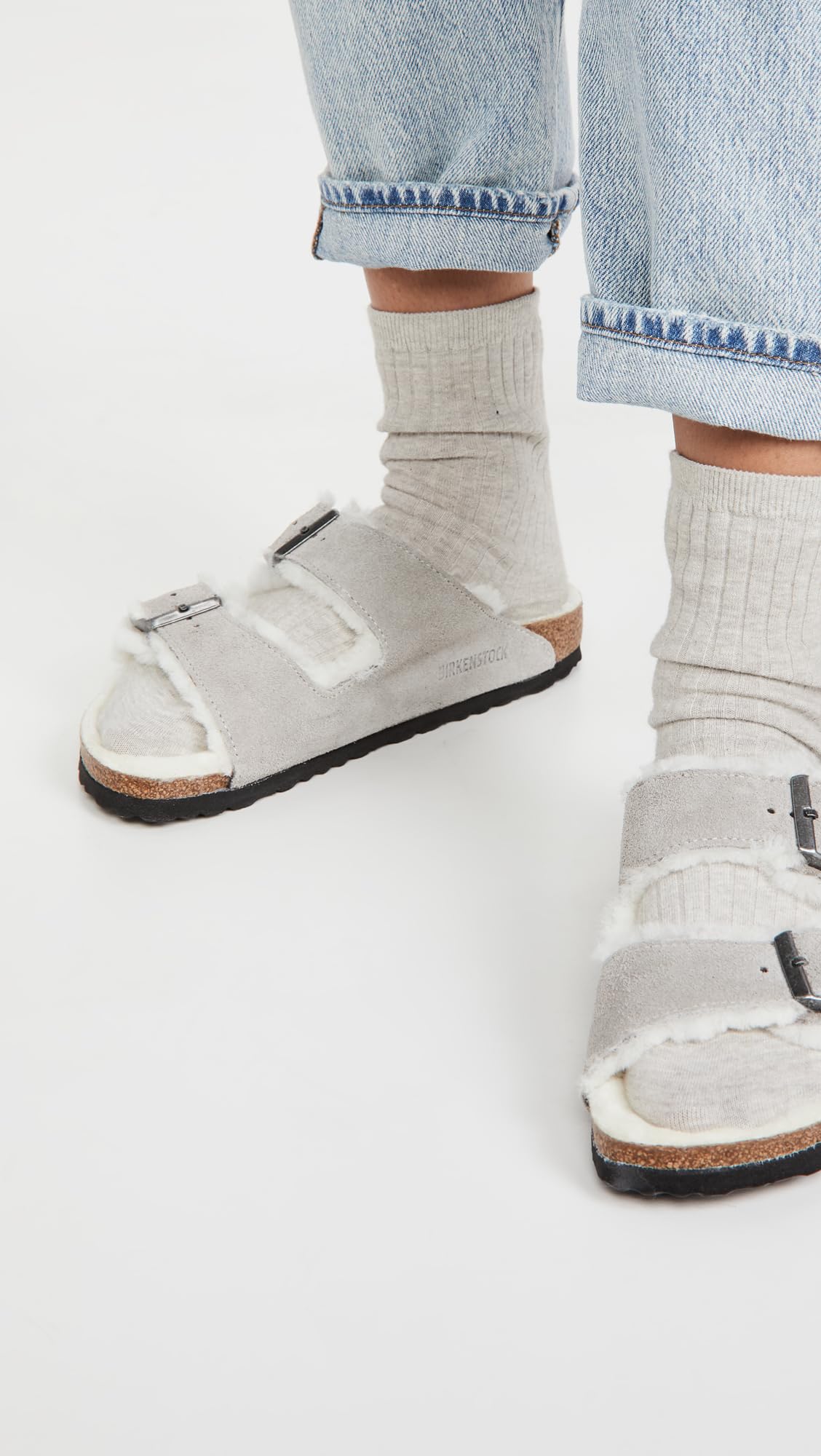 Birkenstock Women's Arizona Shearling Sandals, Stone Coin/Natural, Grey, 9 Narrow US