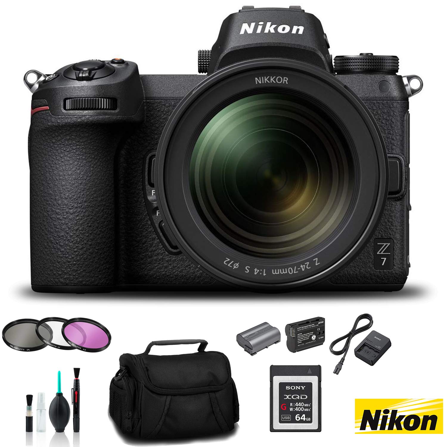 Nikon Z 7 Mirrorless FX-Format Digital Camera with 24-70mm Lens - Bundle 64GB Memory Card + EN-EL15 Li-on Battery + Exte