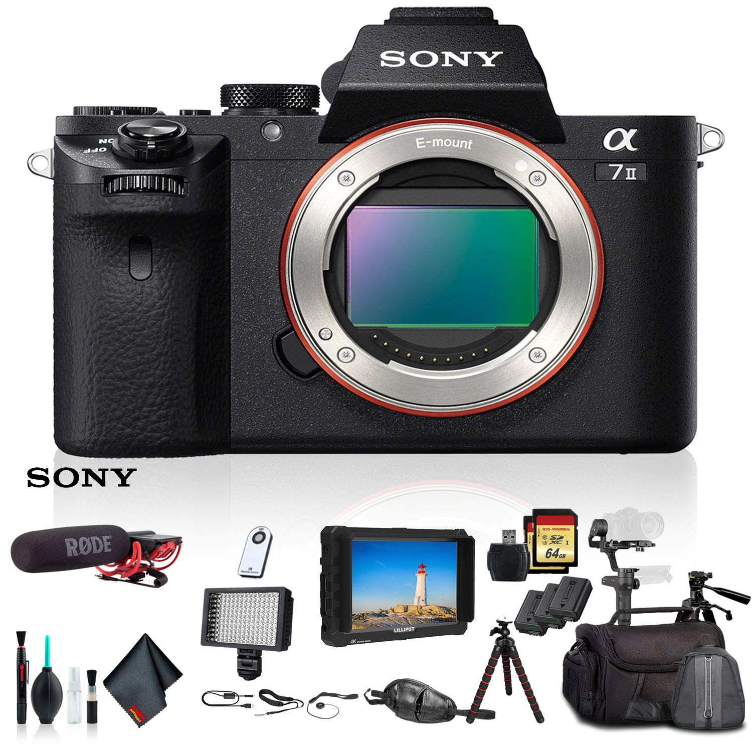 Sony Alpha a7 II Mirrorless Camera ILCE7M2/B With Soft Bag, Zhiyun-Tech Stabilizer, 2x Extra Batteries, Rode Mic, LED Light, 2x 64GB Memory Cards, External 4K Monitor , Plus Essential Accessories