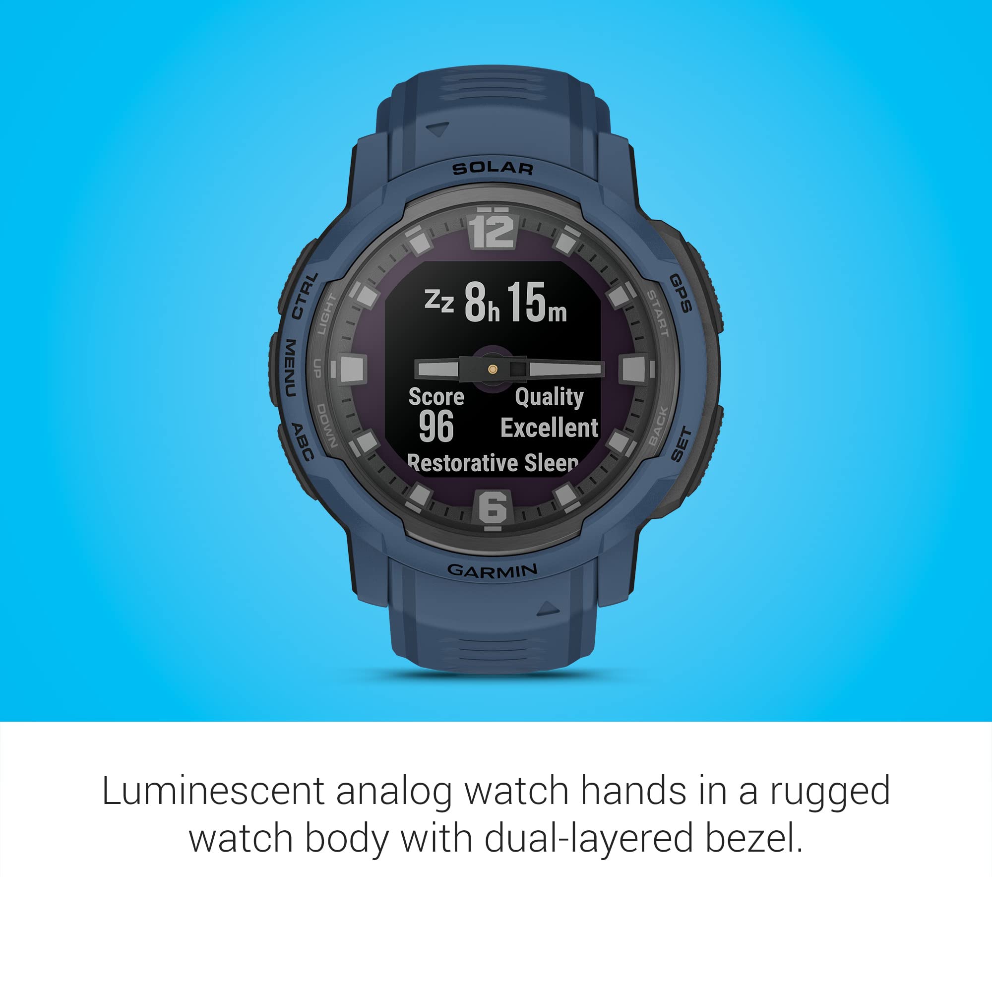 Garmin Instinct Crossover Solar, Rugged Hybrid Smartwatch with Solar, Analog Hands and Digital Display, Tidal Blue