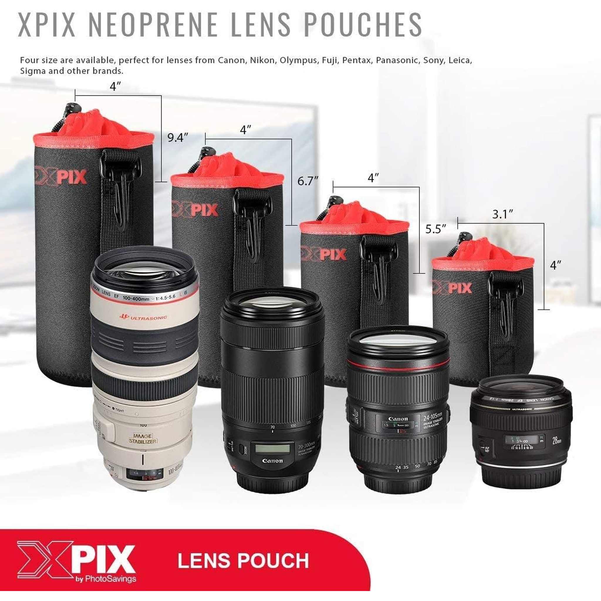 XPIX Small Neoprene Pouch Bag for DSLR Camera Lenses Canon, Nikon, Sony, Olympus,Fujfilm,Panasonic, and More