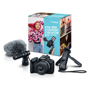 Canon EOS R50 Content Creator Kit, Hybrid Mirrorless Camera with RF-S18-45mm F4.5-6.3 IS STM Lens, Tripod Grip, Microphone, Wireless Remote Control, 24.2 MP CMOS APS-C Sensor, Vlogging Camera, Black