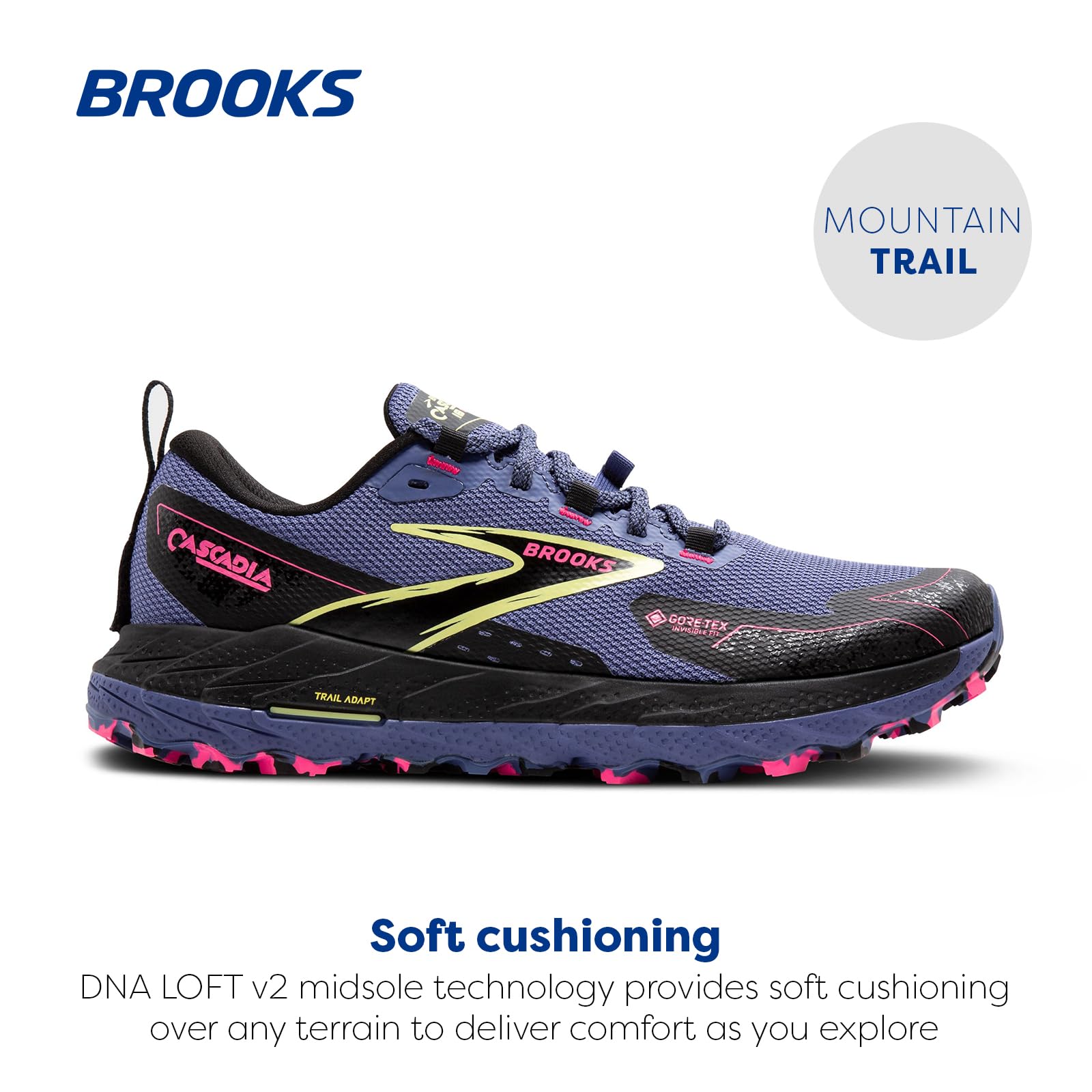 Brooks Women’s Cascadia 18 GTX Waterproof Mountain Trail Running Shoe - Grey Blue/Black/Pink - 10 Medium
