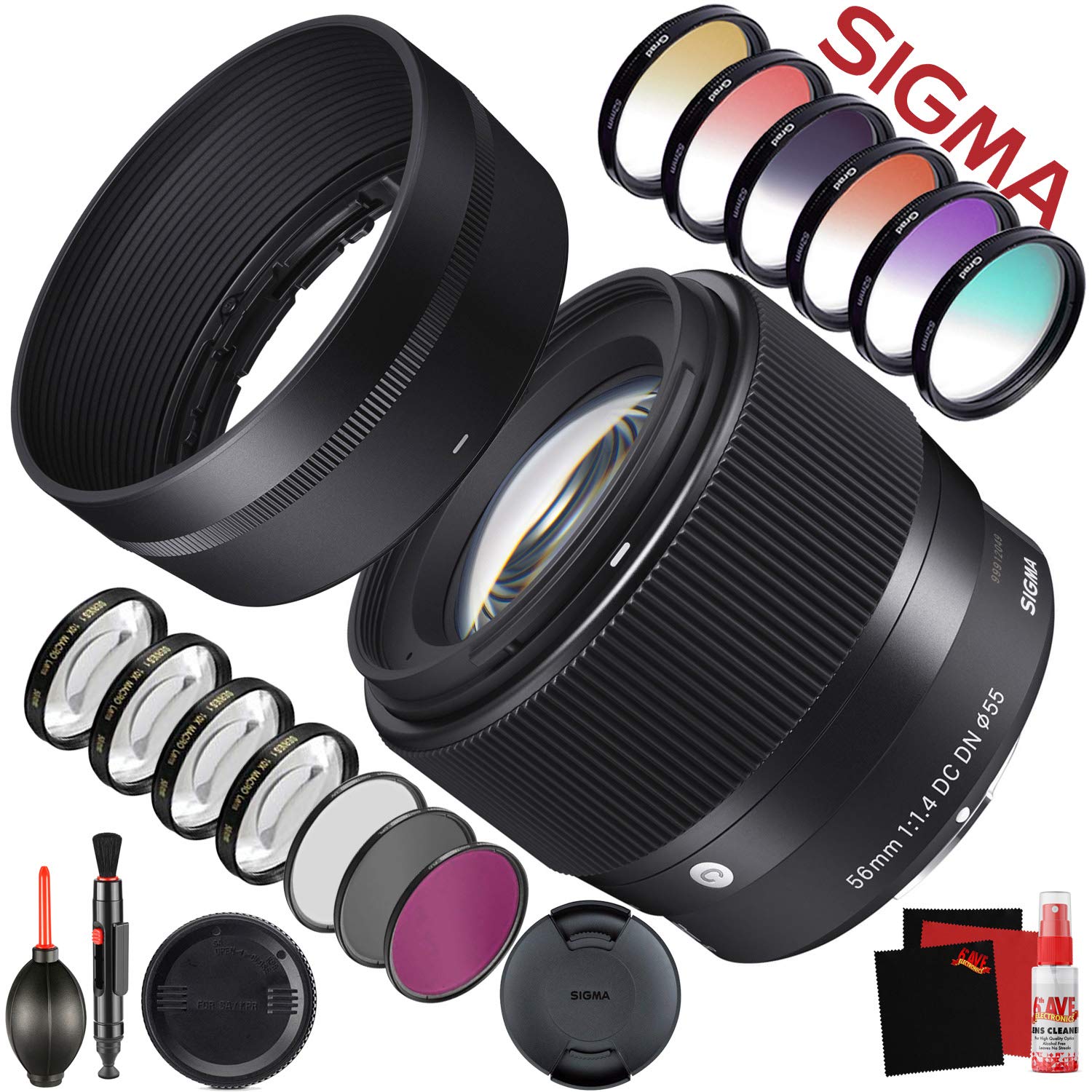 Sigma 56mm f/1.4 DC DN Contemporary Lens for Sony E  (351965)  With FLD Filter, CPL Filter, UV Filter - Color Graduated Filter Kit - Close Up Filter Kit and Cleaning Accessories Bundle