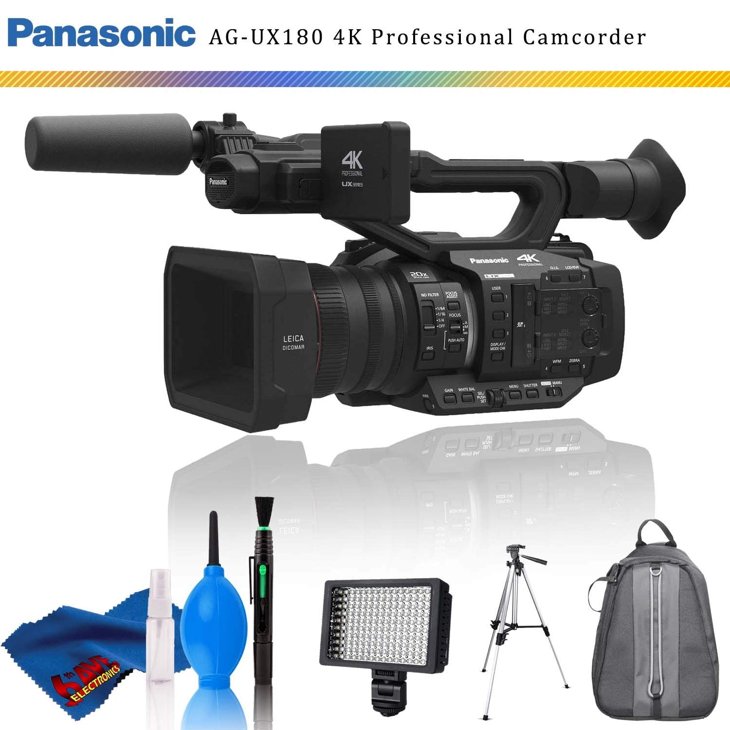 Panasonic AG-UX180 4K Premium Professional Camcorder + Backpack + LED Light + Tripod + Cleaning Kit