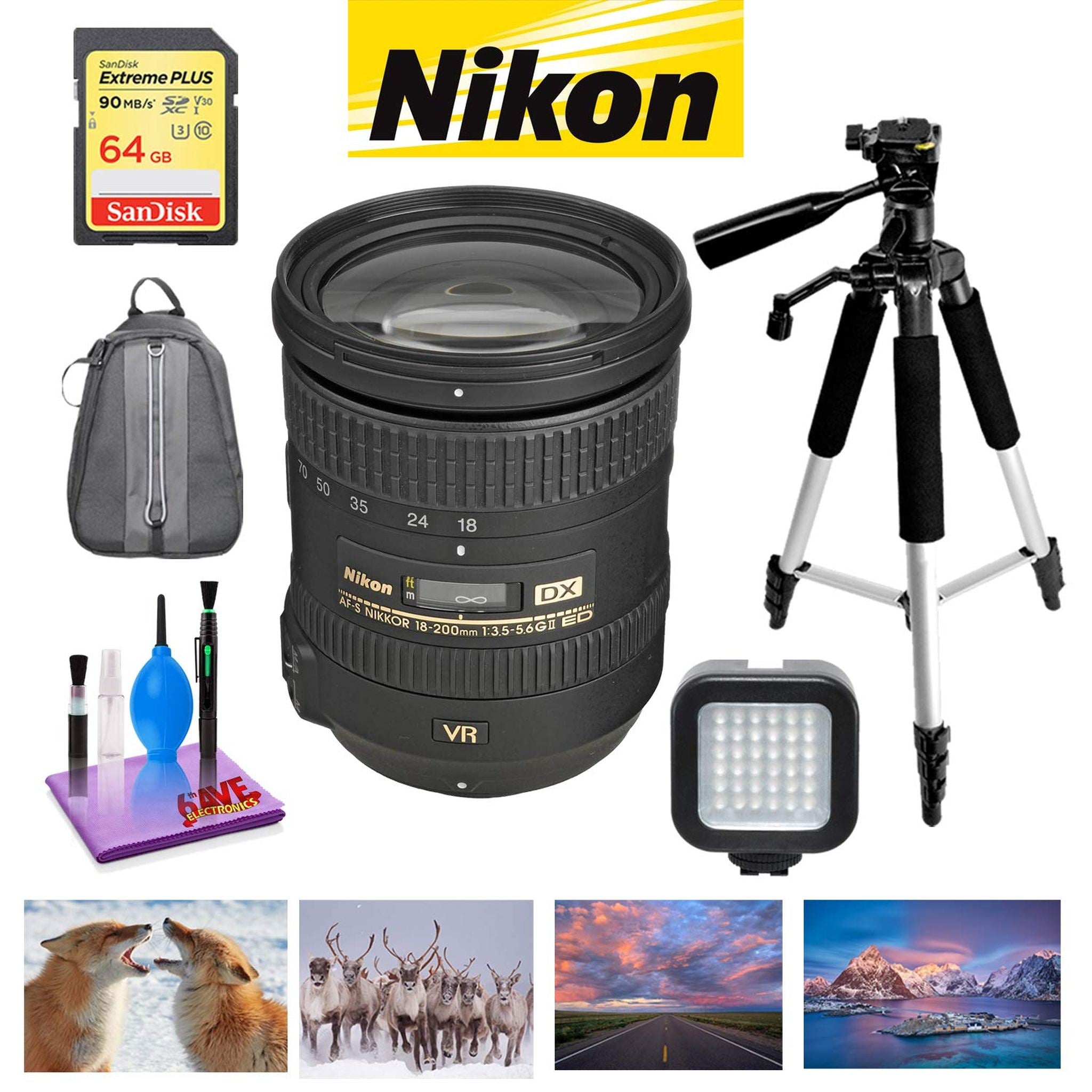 NIKON 18-200MM F/3.5-5.6G ED AF-S DX VR II Lens with Sandisk 64GB Memory, Portable LED Light Deluxe Padded Backpack Bundle