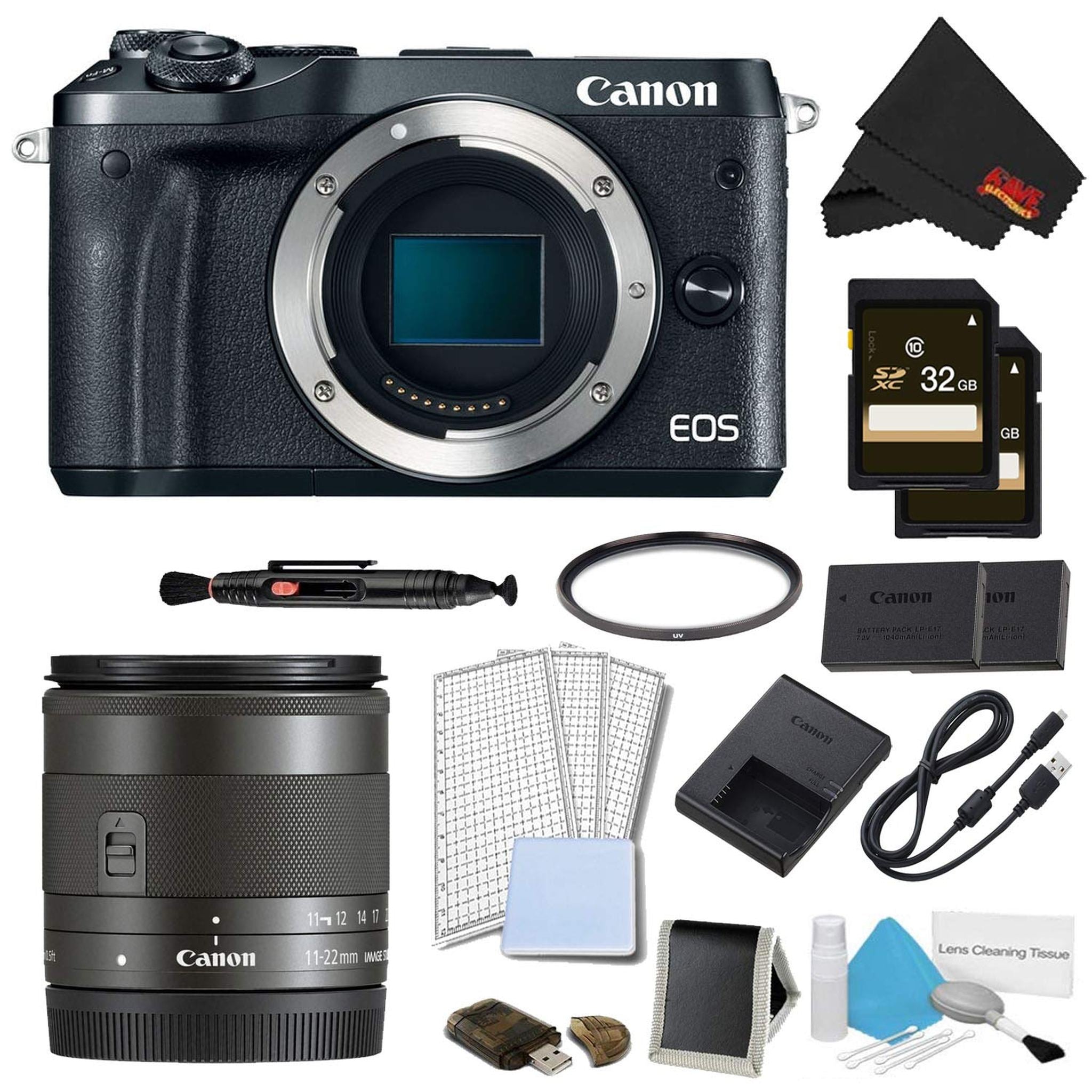 Canon EOS M6 Mirrorless Digital Camera Body Only Black Pro Bundle w/EF-M 11-22MM Lens - International Model