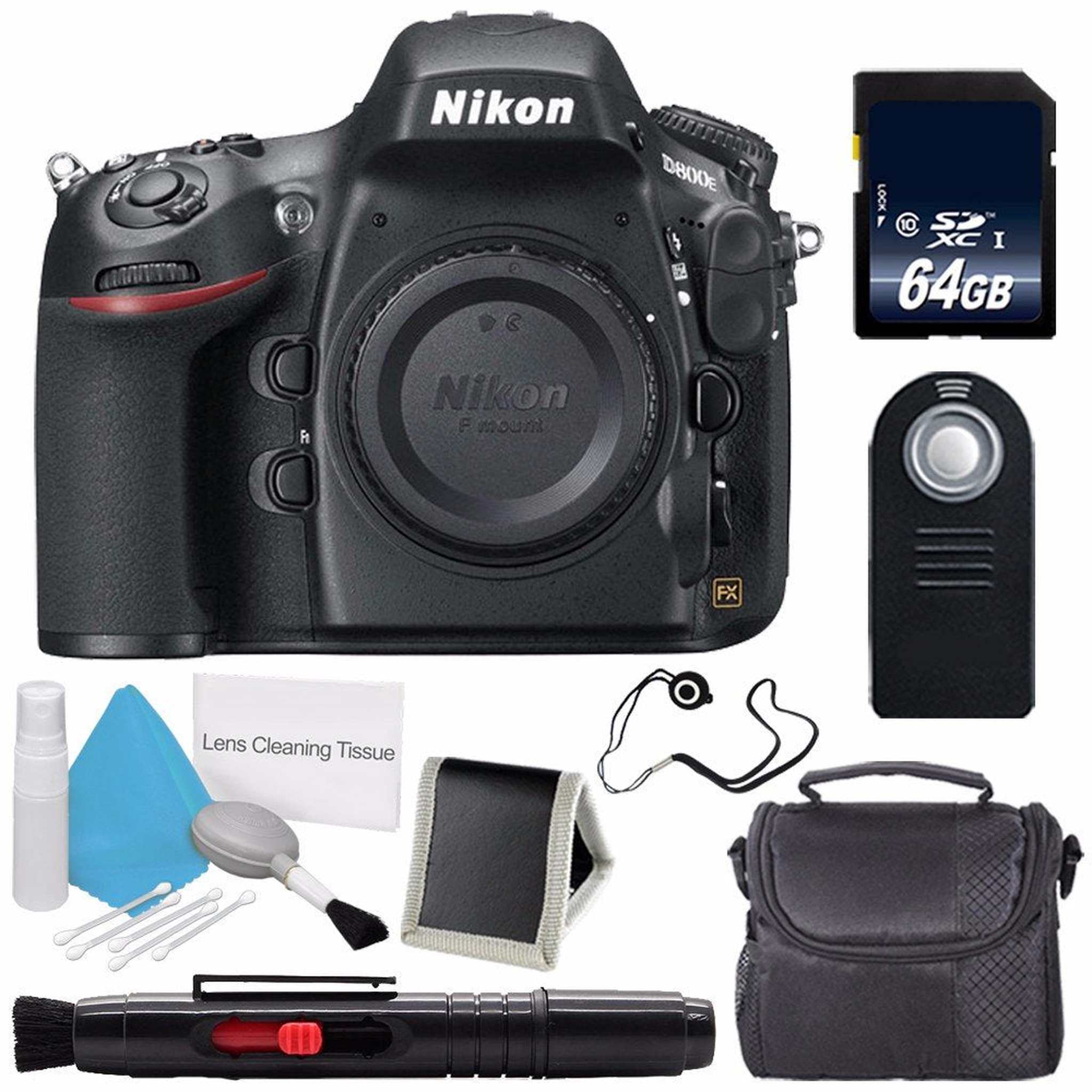 Nikon D800E Digital Camera Body Only International Model + Carrying Case + Lens Pen Cleaner + Lens Cap Keeper + 64GB Memory Card