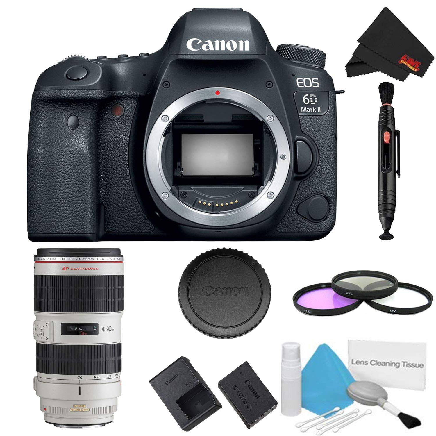 Canon EOS 6D Mark II DSLR Camera (Body Only) 3 Piece Filter Bundle + Bonus Canon EF 70-200mm f/2.8L is II USM Lens - Int