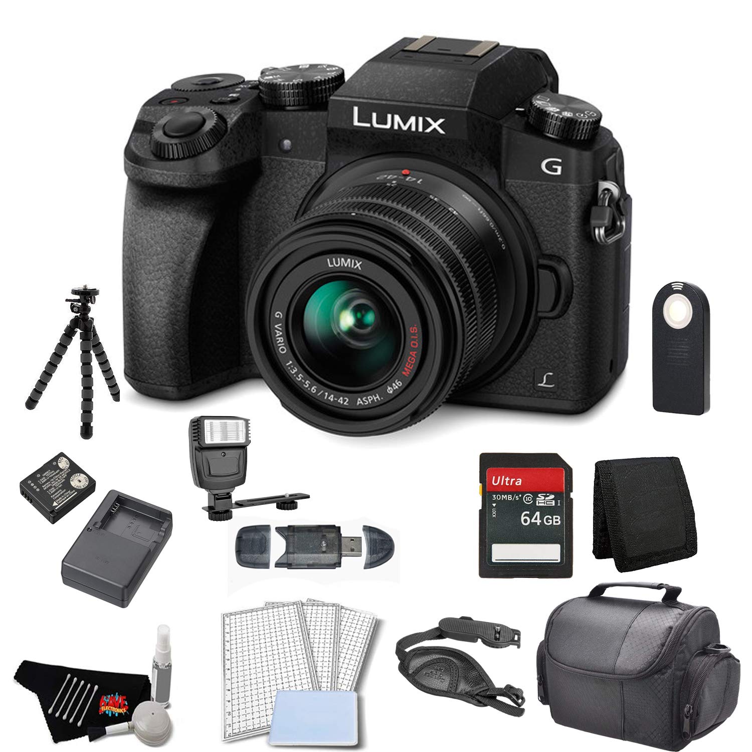 Panasonic Lumix DMC-G7 Mirrorless Micro Four Thirds Digital Camera with 14-42mm Lens (Black) - Bundle with 64GB Memory C