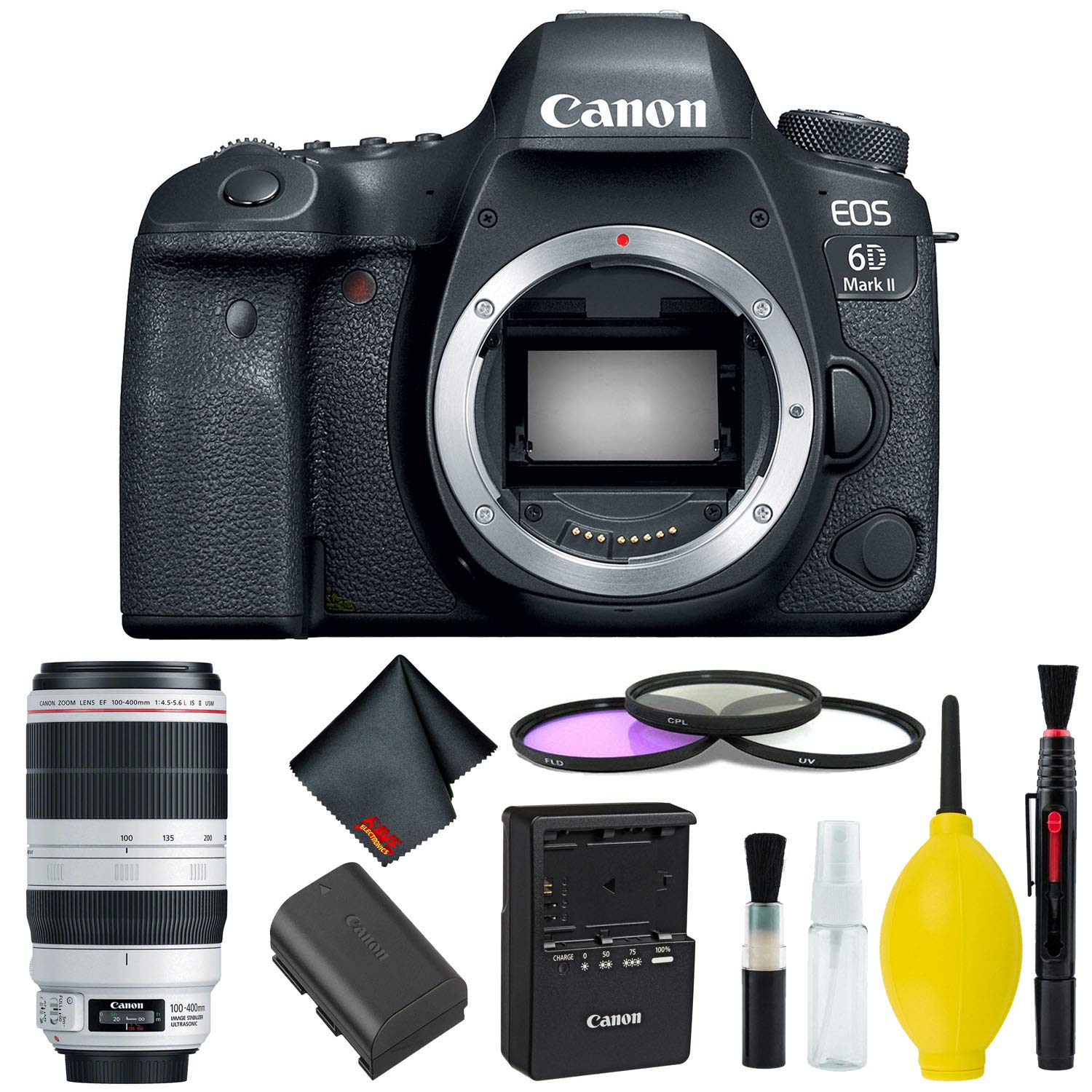 Canon EOS 6D Mark II DSLR Camera Body Only 3 Piece Filter Kit (International Model) w/Canon EF 100-400mm f/4.5-5.6L is I