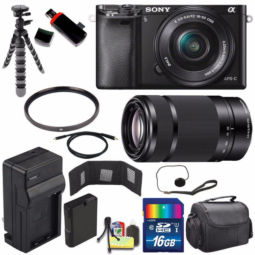 Sony Alpha a6000 Mirrorless Digital Camera with 16-50mm Lens (Black) + Sony E 55-210mm f/4.5-6.3 OSS E-Mount Lens 16GB Advanced Bundle