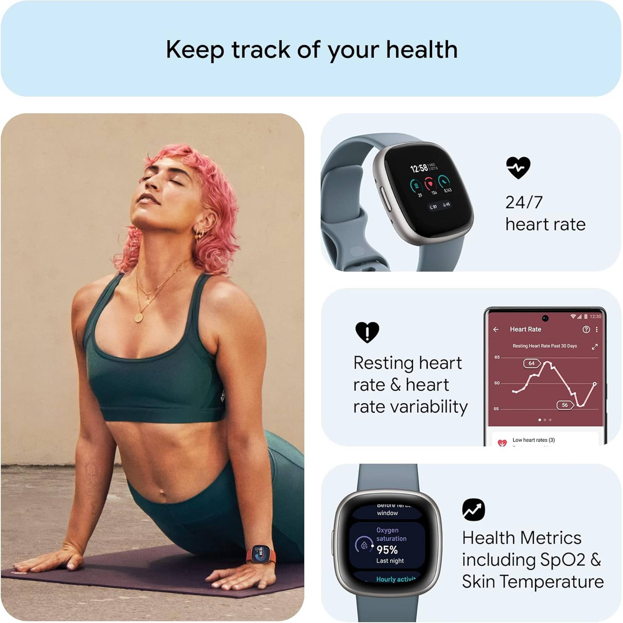Fitbit Versa 4 Fitness Smartwatch with Daily Readiness, GPS, 24/7 Heart Rate, 40+ Exercise Modes, Sleep Tracking and more, Waterfall Blue/Platinum, One Size S & L Bands Included - Reconditioned Fitbit