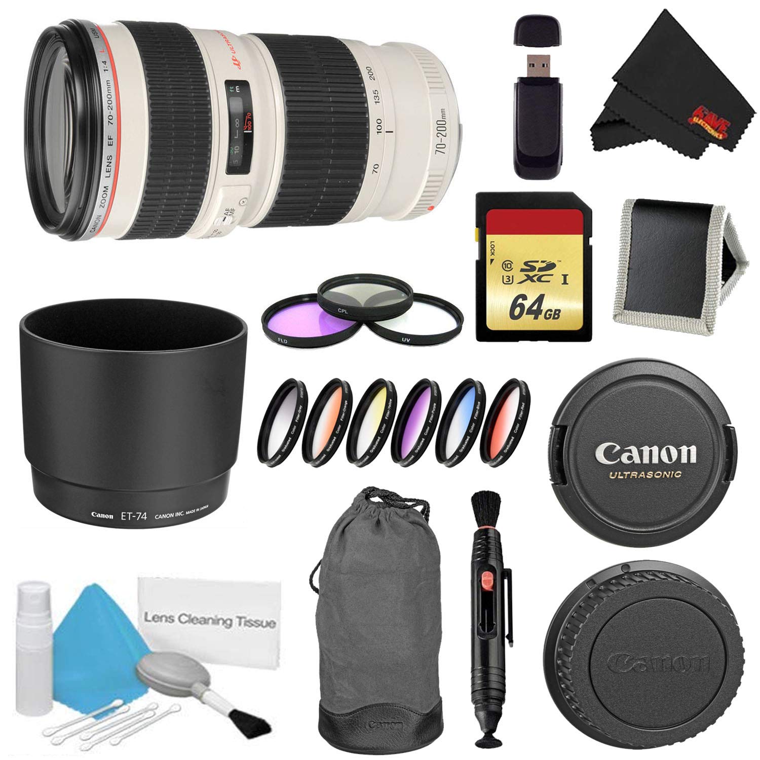 Canon EF 70-200mm f/4L USM Lens Bundle w/ 64GB Memory Card + Accessories, 3 Piece Filter Kit Color Multicoated 6 Piece F