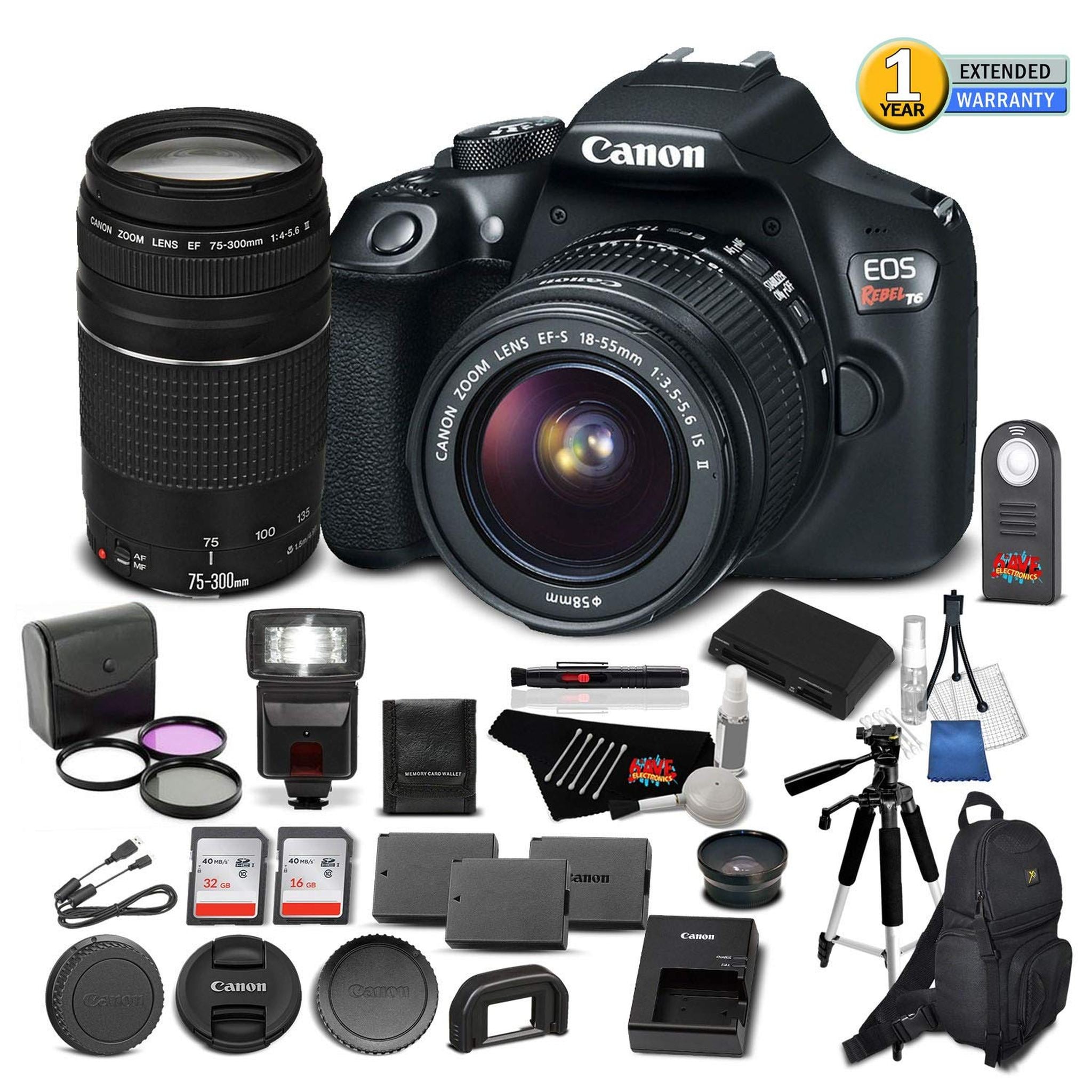 Canon EOS Rebel T6 Digital SLR Camera 1159C003 Bundle with 18-55mm f/3.5-5.6 is II Lens + EF 75-300mm f/4-5.6 III Telephoto Zoom Lens + More - Used Canon
