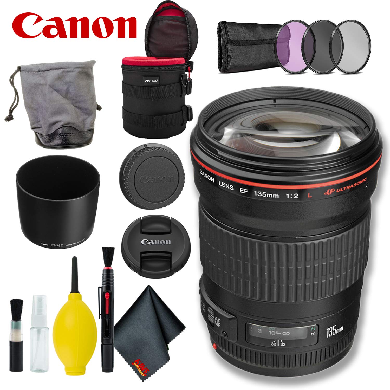 Canon EF 135mm f/2L USM Lens (International Model) w/Filter Kit + Lens Case Bundle