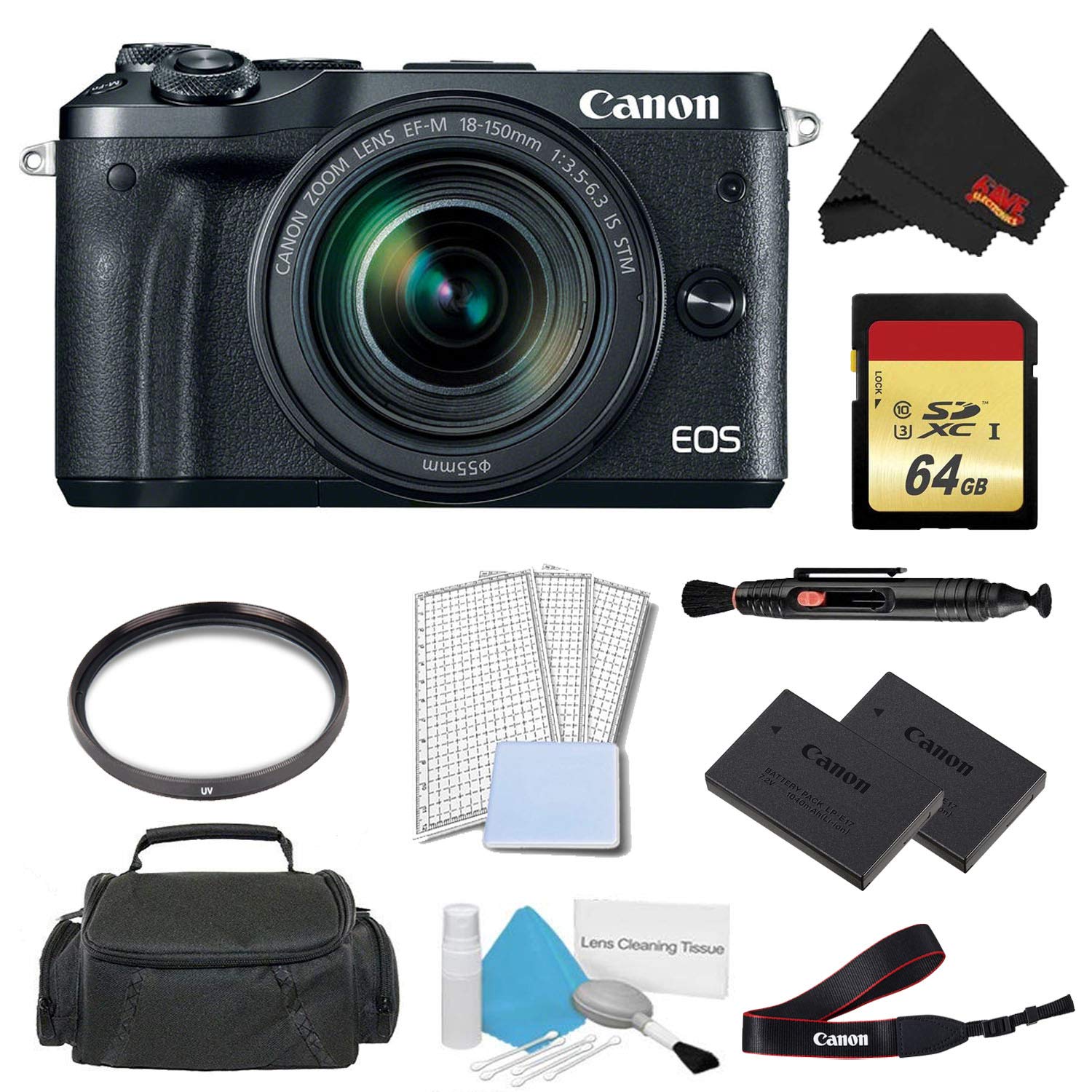 Canon EOS M6 Mirrorless Digital Camera with 18-150mm Lens Pro Bundle w/ 64GB Memory Card - International Model
