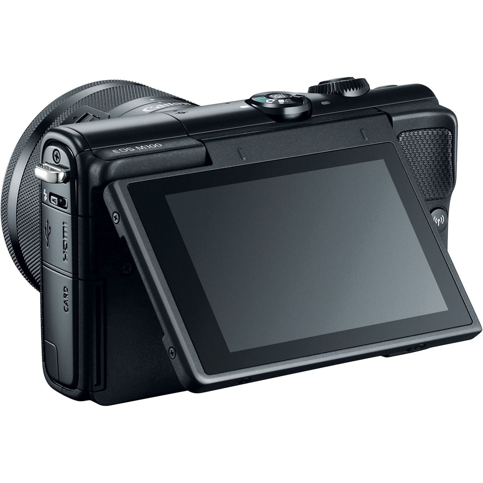 Canon EOS M100 Mirrorless Digital Camera Black with 15-45mm Lens + Flash + UV FLD CPL Filter Kit + Wide Angle& Telepho