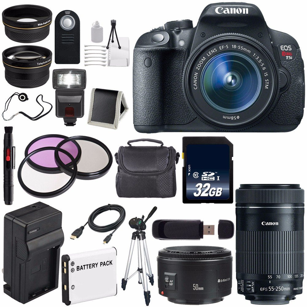 Canon EOS Rebel T5i 18 MP CMOS Digital SLR Camera w/EF-S 18-55mm f/3.5-5.6 Lens (International Model) + Canon EF 50mm f/