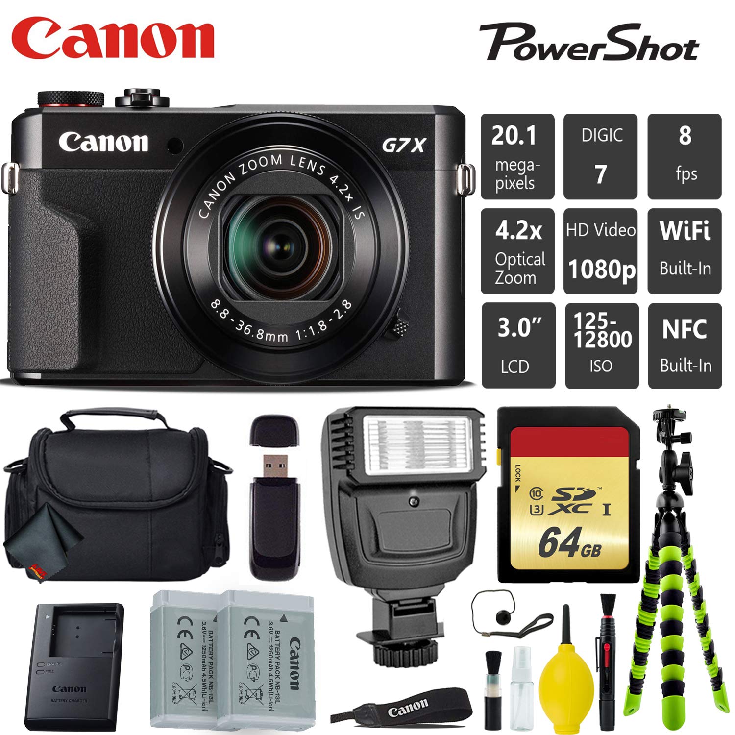 Canon PowerShot G7 X Mark II Point and Shoot Digital Camera + Extra Battery + Digital Flash + Camera Case + 64GB Class 1 Card Bundle