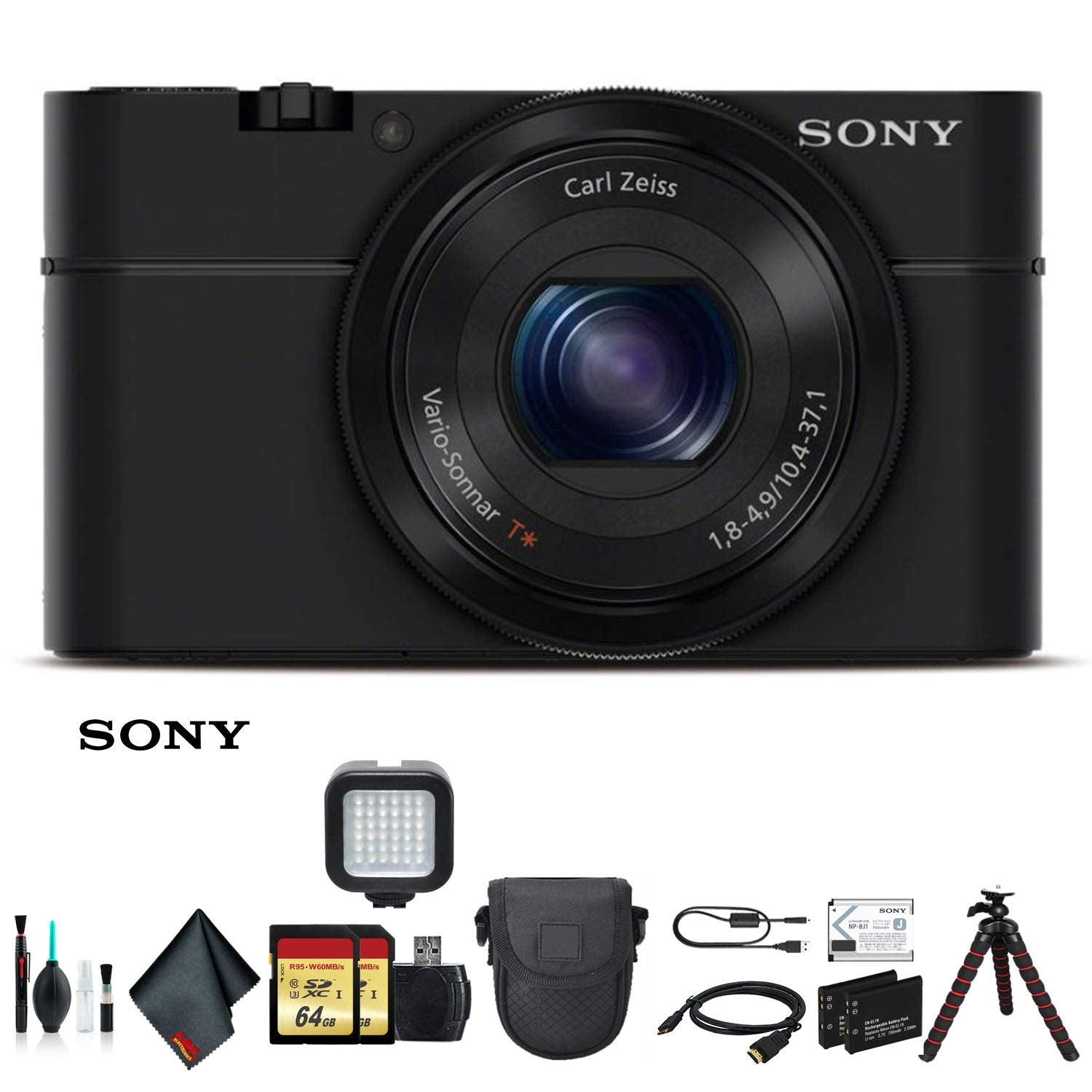 Sony Cyber-shot DSC-RX100 Camera DSCRX100/B With Soft Bag, Tripod, 2x Extra Batteries, LED Light, 2x 64GB Memory Card, Card Reader , Plus Essential Accessories