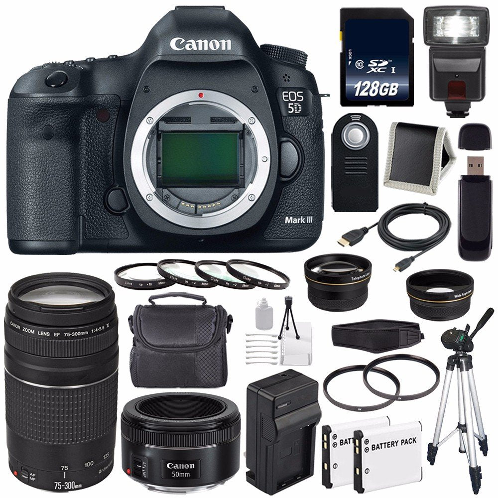 Canon EOD 5D III Digital Camera International Model + Canon EF 75-300 III+ EF 50mm f/1.8 STM Lens + LP-E6 Replacement Ba