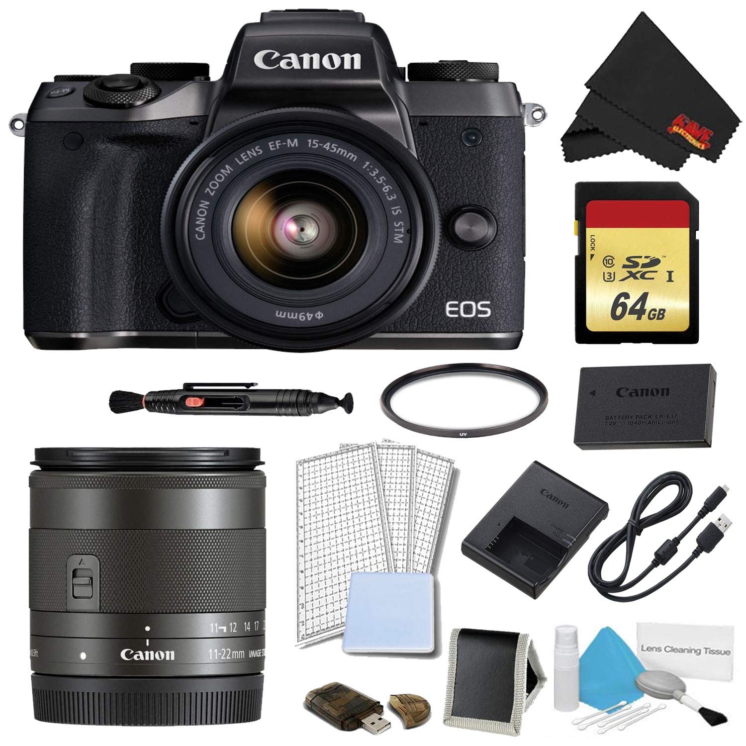 Canon EOS M5 Mirrorless Digital Camera with 15-45mm Lens Plus Bundle w/Bonus EF-M 11-22MM Lens - International Model