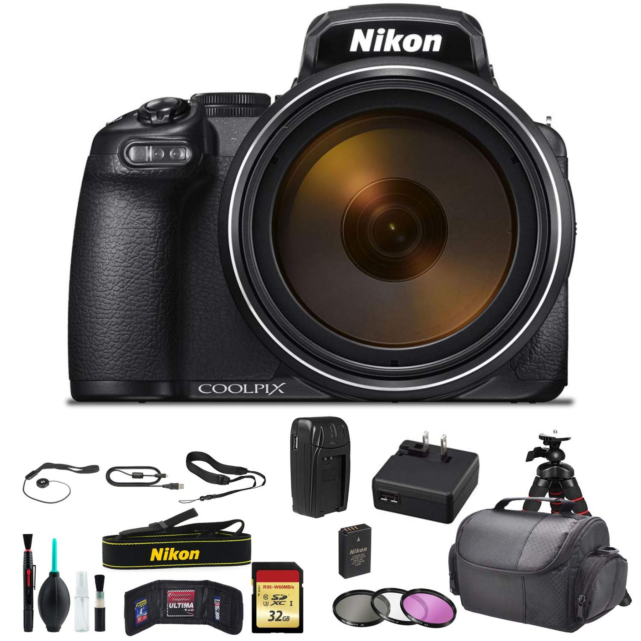 Nikon COOLPIX P1000 16.7 Digital Camera with 3.2" LCD, Black - Bundle Kit with 32GB Memory Card + Spare Battery + Spare Charger + Filter Kit+ More