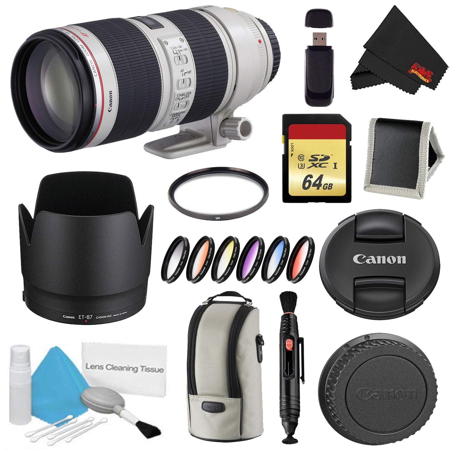 Canon EF 70-200mm f/2.8L is II USM Lens Bundle w/ 64GB Memory Card + Accessories, UV Filter Color Multicoated 6 Piece Fi Canon