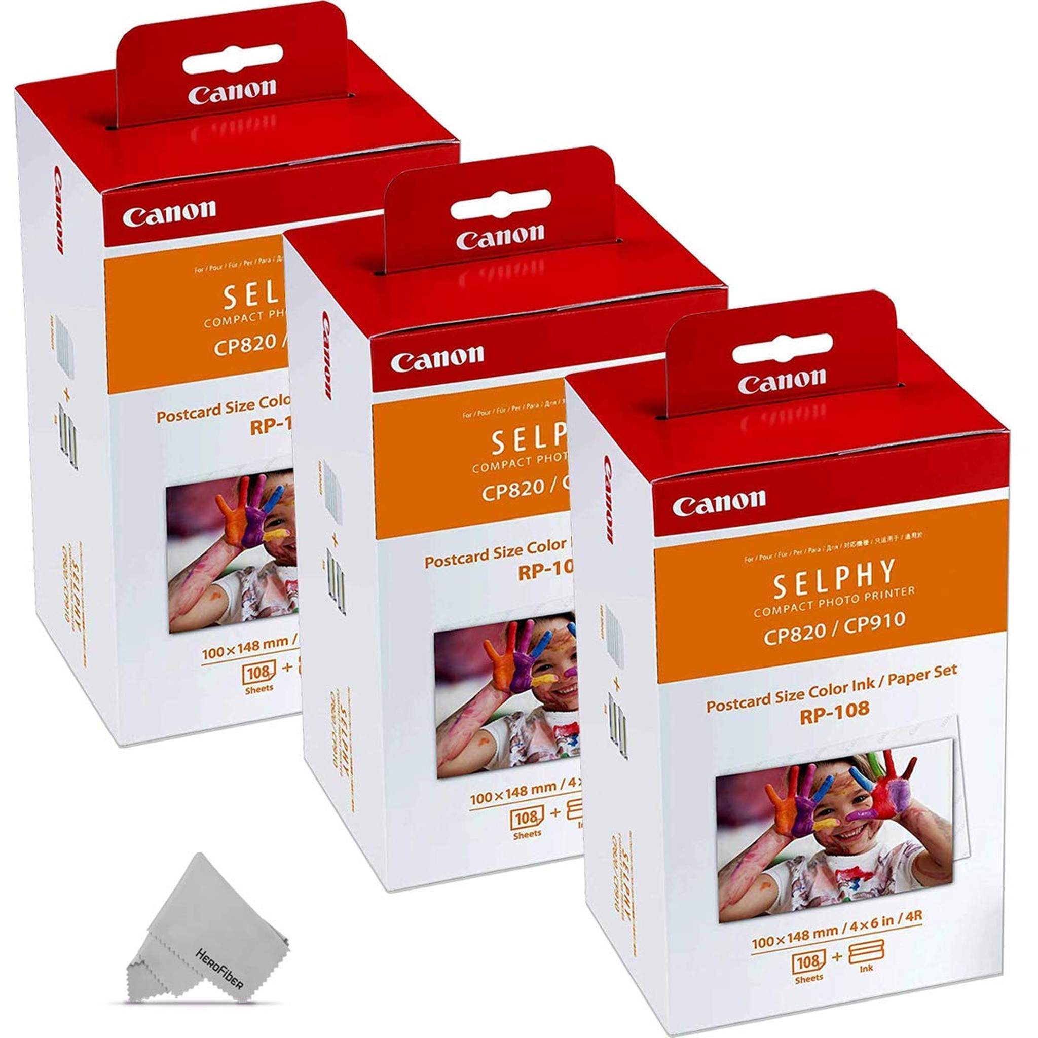 3 Pack Canon RP-108/RP108 Color Ink Paper Set 6 Ink Toners/324 Paper Sheets HeroFiber