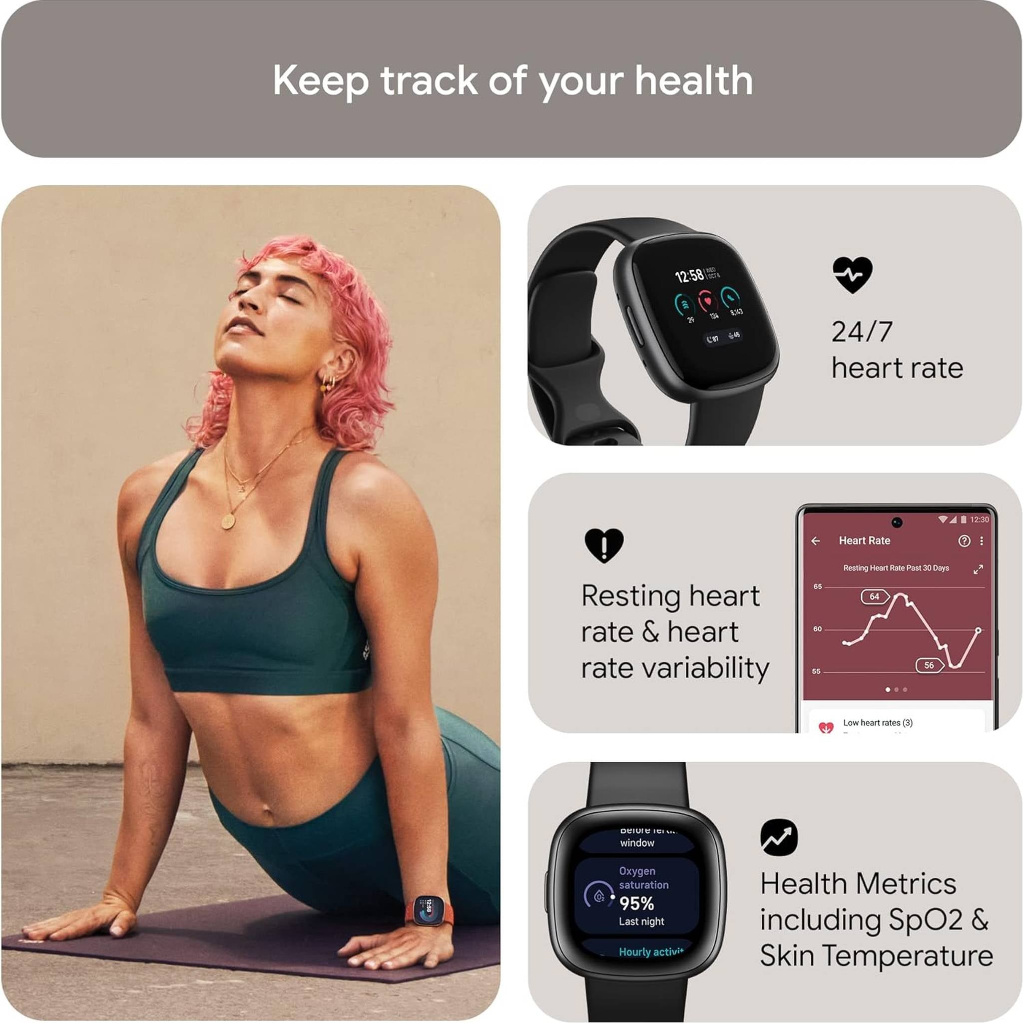 Fitbit Versa 4 Fitness Smartwatch with Daily Readiness, GPS, 24/7 Heart Rate, 40+ Exercise Modes, Sleep Tracking and more, Black/Graphite, One Size S & L Bands Included - Reconditioned Fitbit