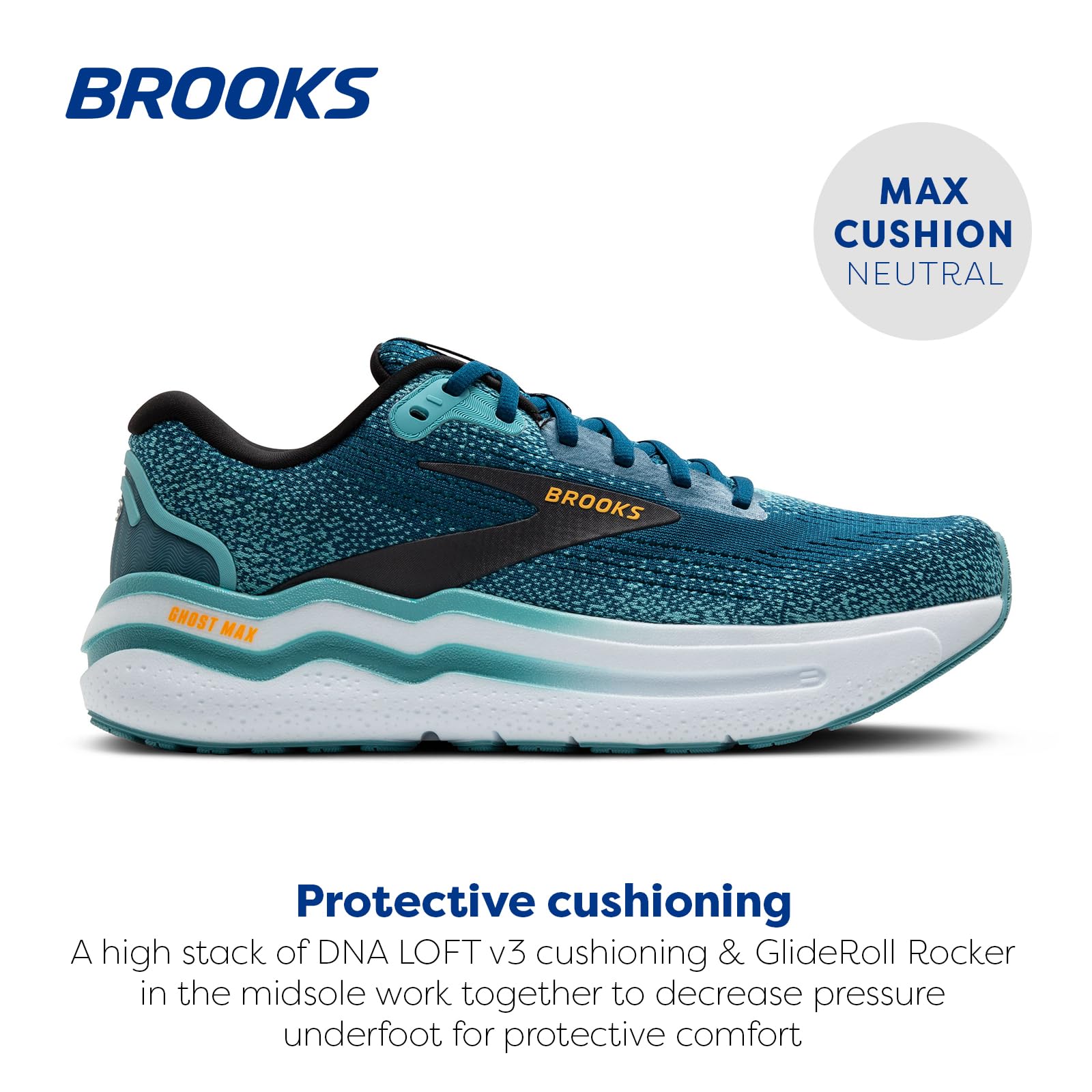 Brooks Men’s Ghost Max 2 Neutral Running & Walking Shoe - Moroccan Blue/Aqua/Orange Pop - 10 Medium