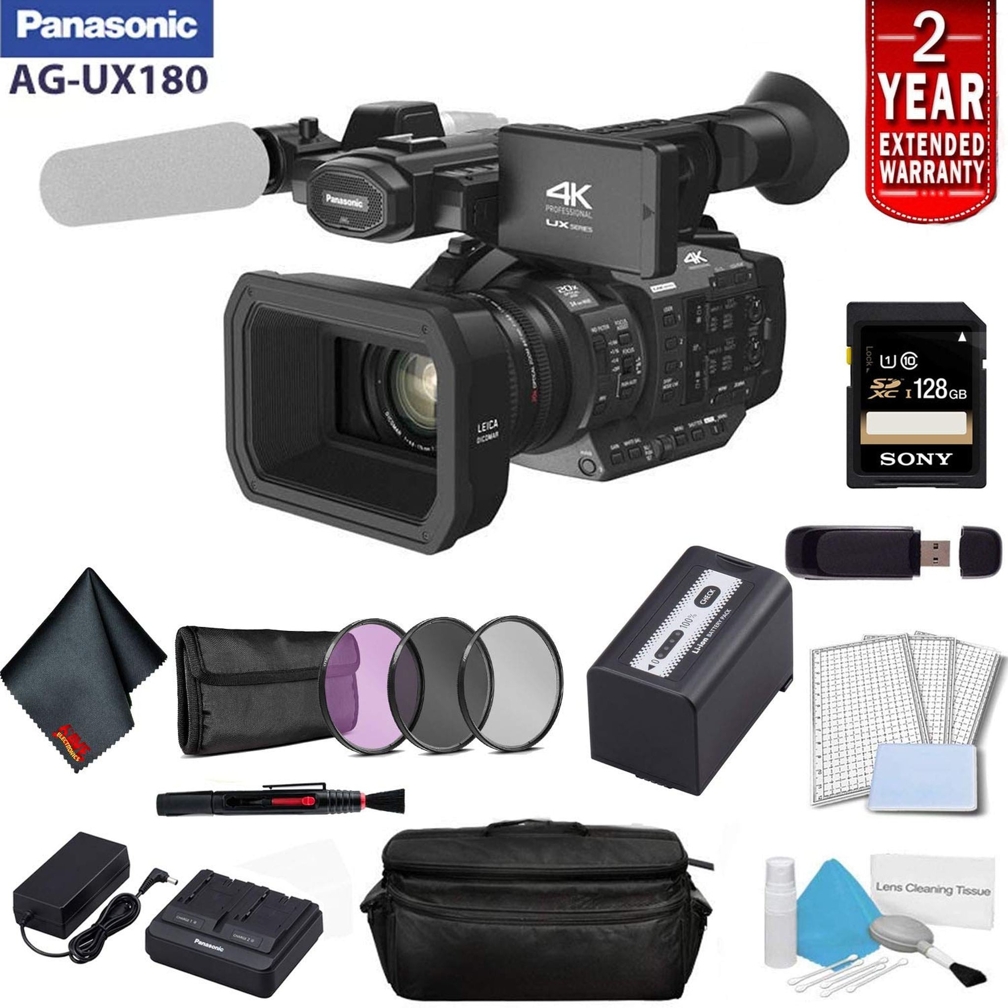 Panasonic AG-UX180 4K Premium Professional Camcorder Bundle with 2 Year Extended Warranty, Sony 128GB SDXC Memory Card +