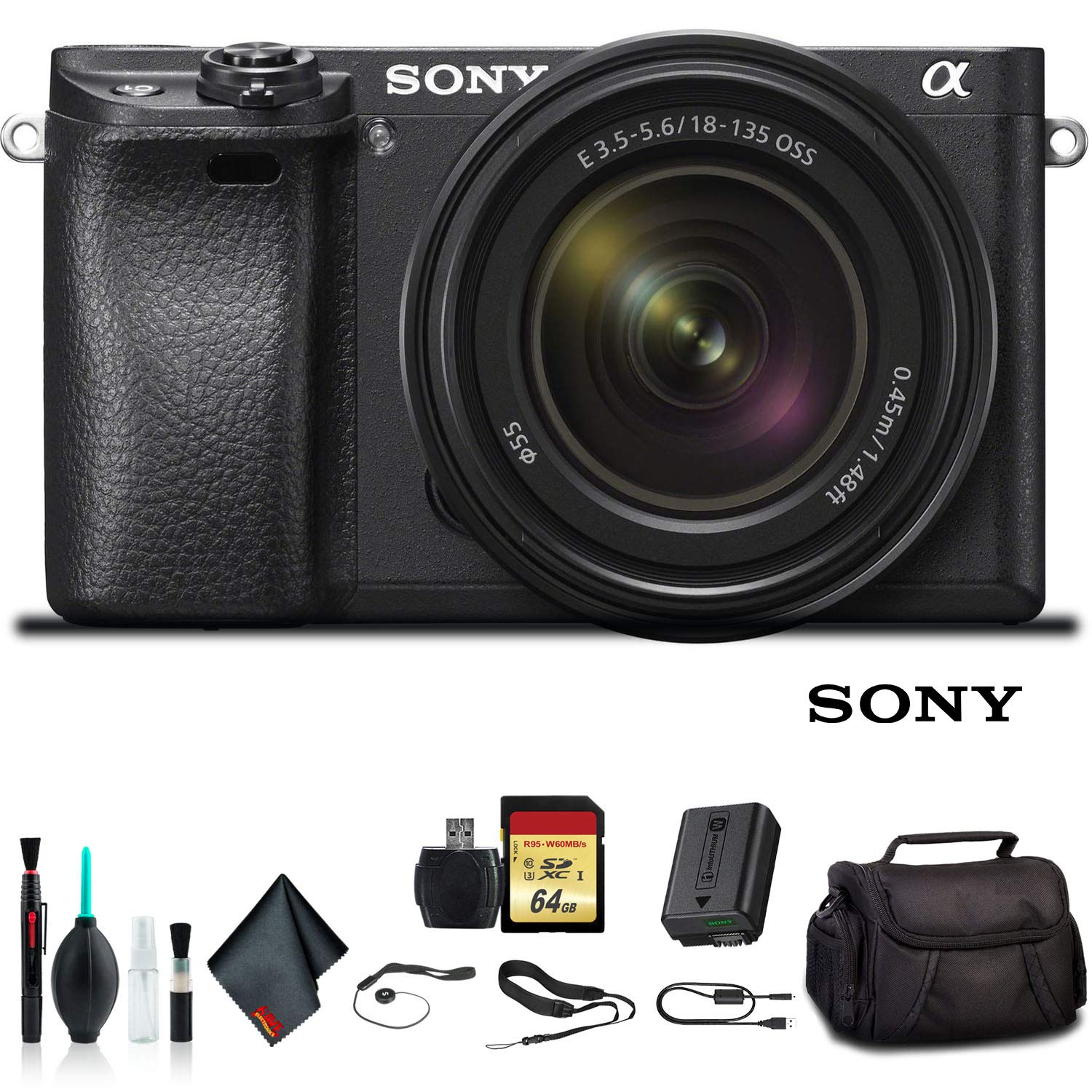 Sony Alpha a6500 Mirrorless Camera with 16-50mm Lens ILCE6500KIT With Soft Bag, 64GB Memory Card, Card Reader , Plus Essential Accessories