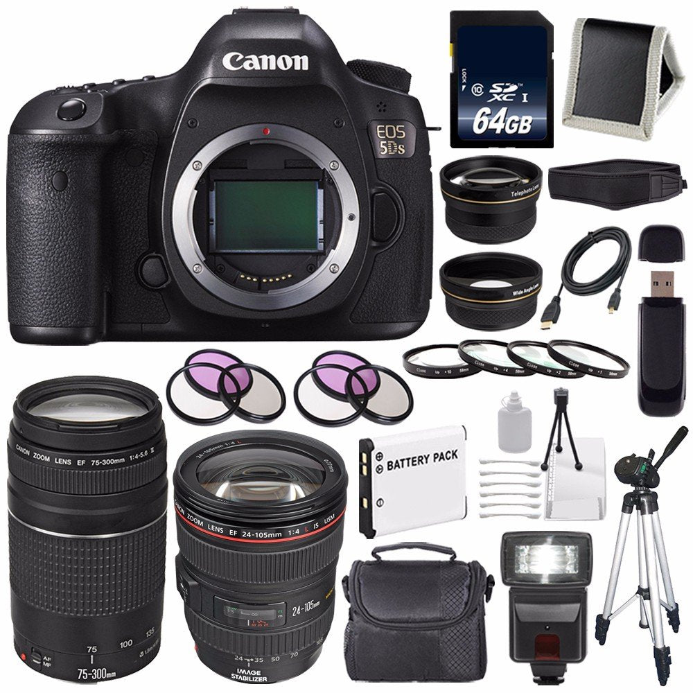 Canon EOS 5DS DSLR Camera (International Model) 0581C002 + EF 24-105mm f/4L is USM Lens + EF 75-300 III+ LP-E6 Battery + 64GB SDXC Card Bundle