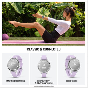 Garmin Lily® 2 Active, Small and Stylish Smartwatch, Built-in GPS, Hidden Display, Patterned Lens, Up to 9 Days Battery Life, Silver with Purple Jasmine Silicone Band